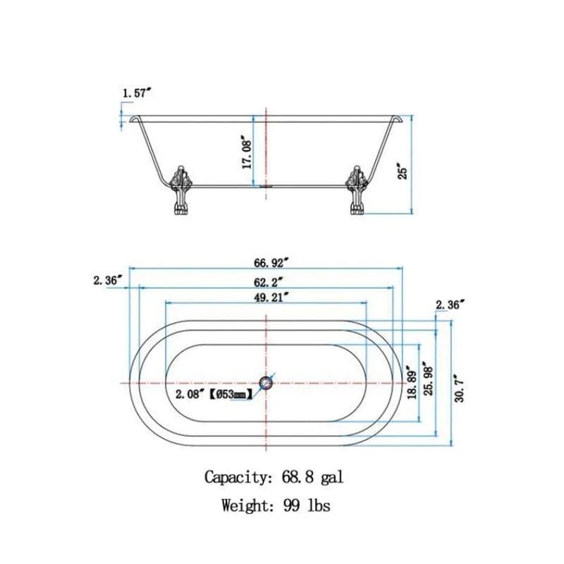 67" Acrylic Double-Slipper Clawfoot Bathtub Freestanding Soaking Tub with Drain - Image 21