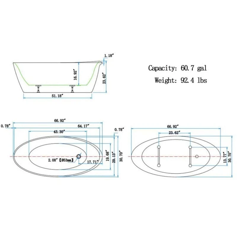 Mokleba 67" Acrylic Oval Modern Freestanding Soaking Bathtub White - Image 15
