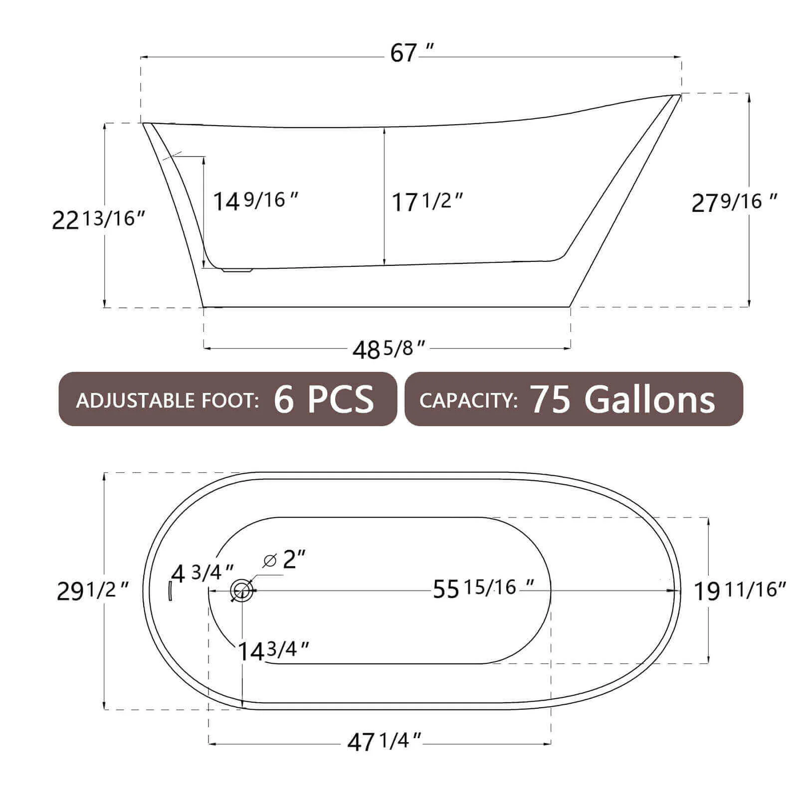 67" Acrylic Reversible Single Slipper Tub - Image 12