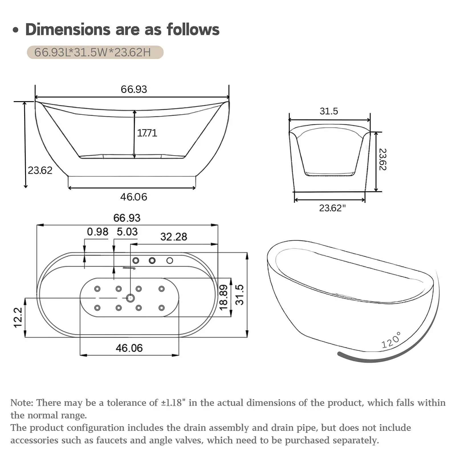 67" Acrylic Whirlpool Tub 8 Air Bubbles Freestanding Massage Bathtub with 6 Jets and Chromotherapy LED - Image 11