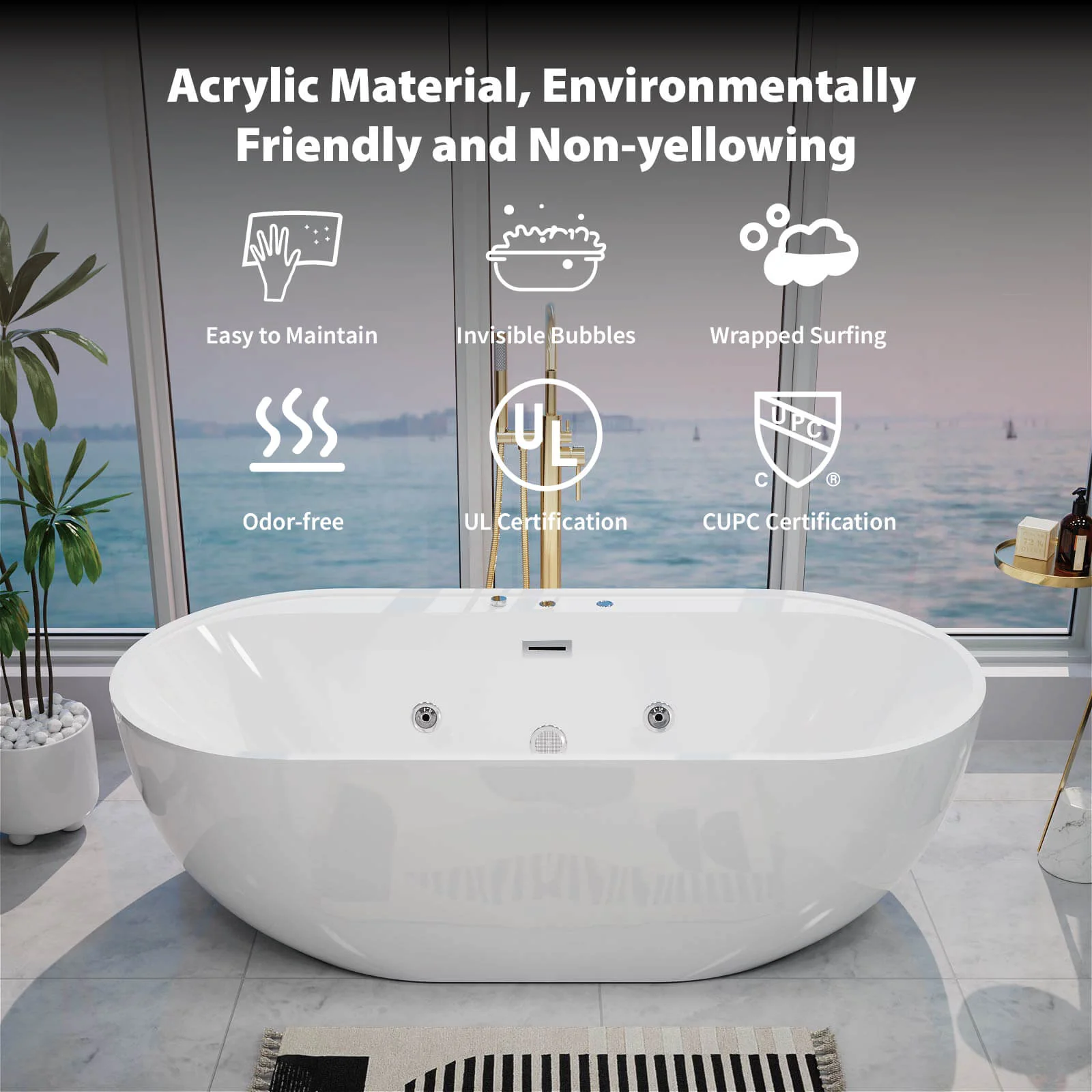 67" Acrylic Whirlpool Tub 8 Air Bubbles Freestanding Massage Bathtub with 6 Jets and Chromotherapy LED - Image 4