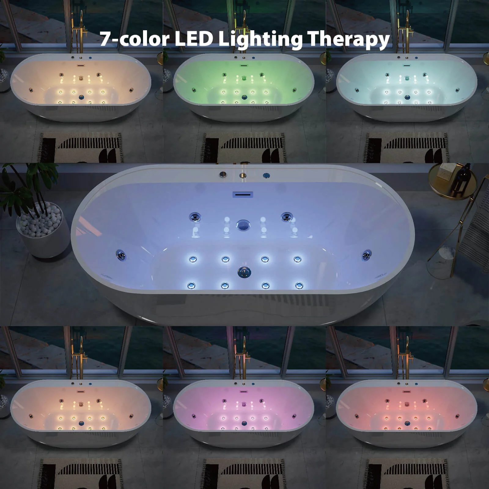 67" Acrylic Whirlpool Tub 8 Air Bubbles Freestanding Massage Bathtub with 6 Jets and Chromotherapy LED - Image 5
