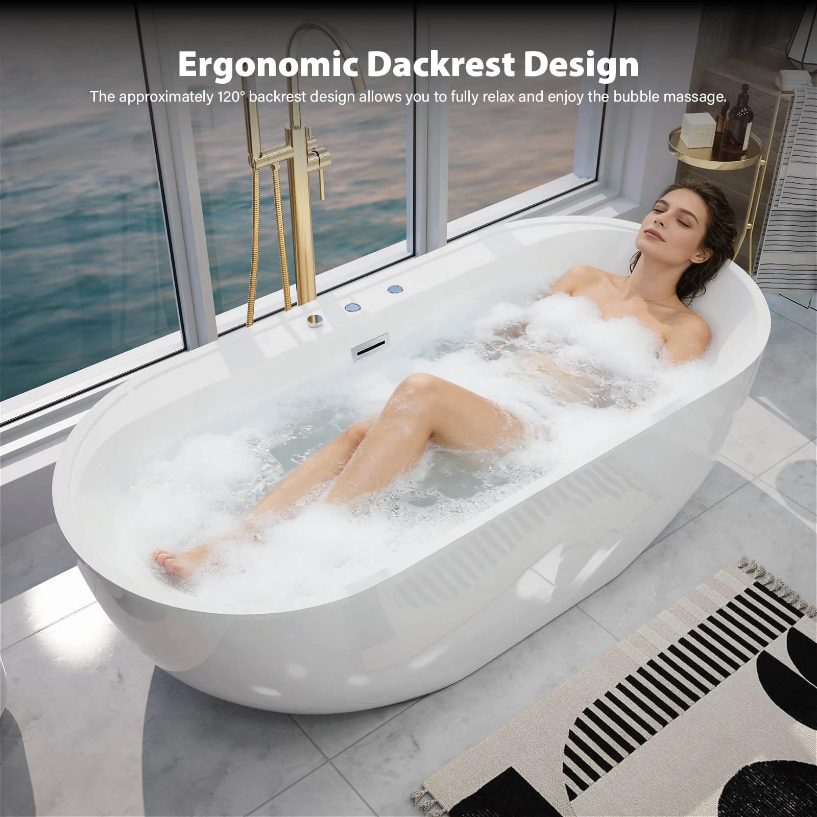 67" Acrylic Whirlpool Tub 8 Air Bubbles Freestanding Massage Bathtub with 6 Jets and Chromotherapy LED - Image 7