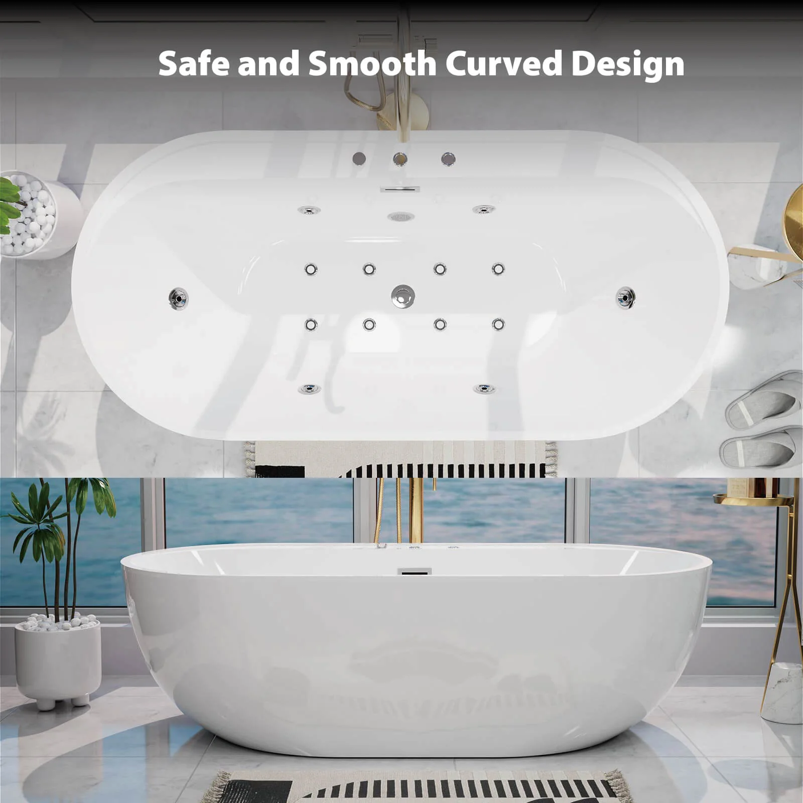 67" Acrylic Whirlpool Tub 8 Air Bubbles Freestanding Massage Bathtub with 6 Jets and Chromotherapy LED - Image 8