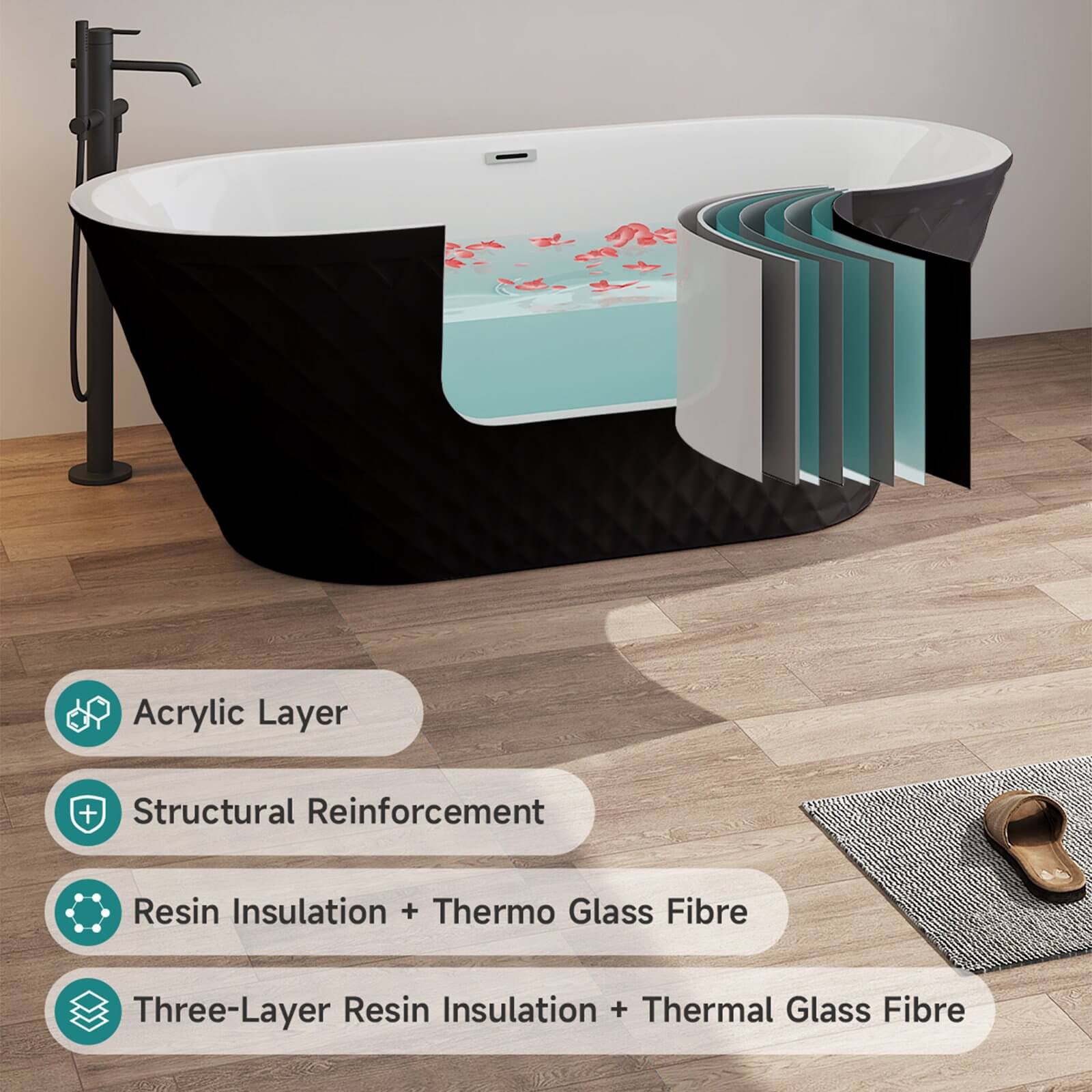 67" Diamond Texture Design Acrylic Bathtub - Image 2