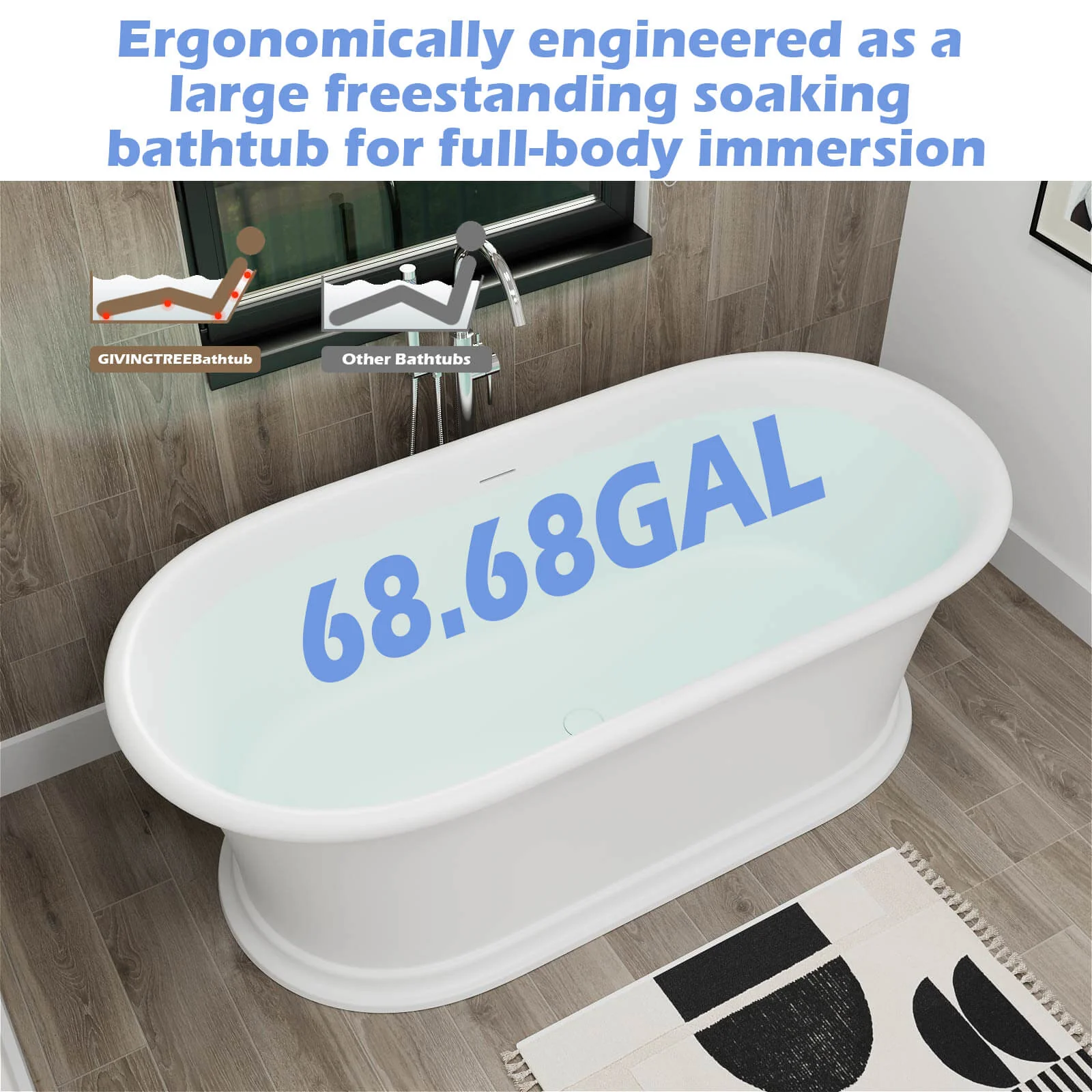 67" Vintage Freestanding Pedestal Bathtub, Double Ended Solid Surface Soaking Tub, Classic Design - Image 10