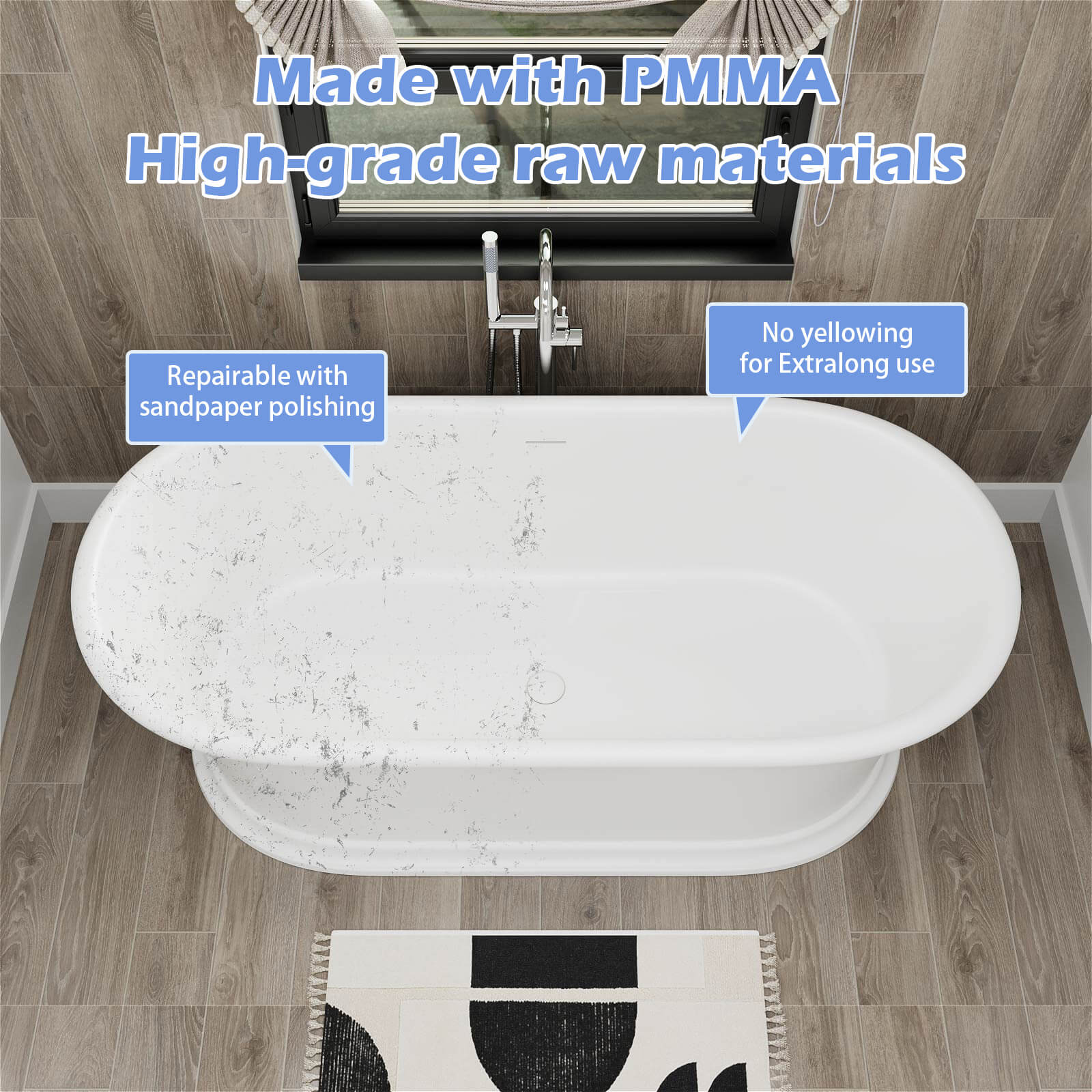 67" Vintage Freestanding Pedestal Bathtub, Double Ended Solid Surface Soaking Tub, Classic Design - Image 11