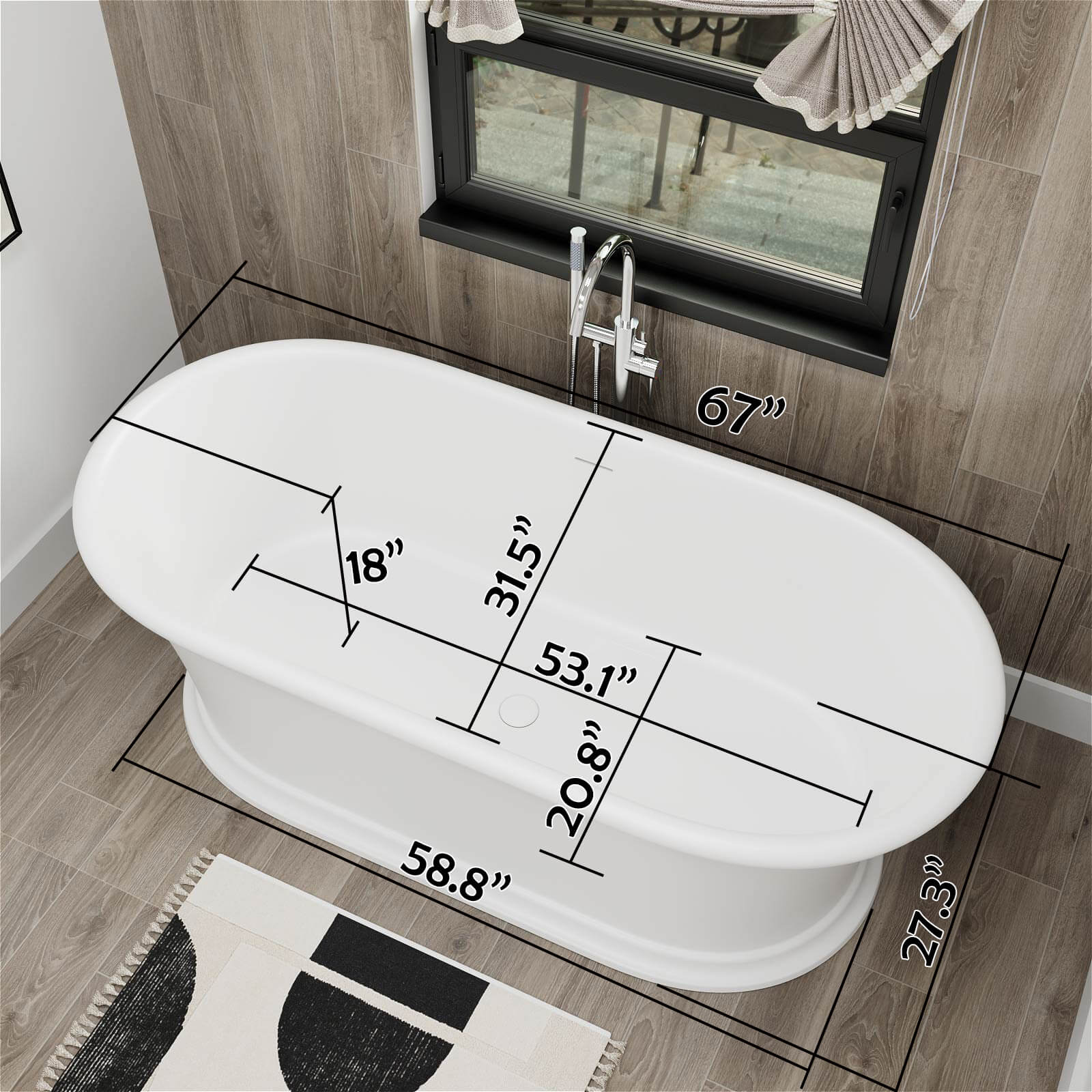 67" Vintage Freestanding Pedestal Bathtub, Double Ended Solid Surface Soaking Tub, Classic Design - Image 14