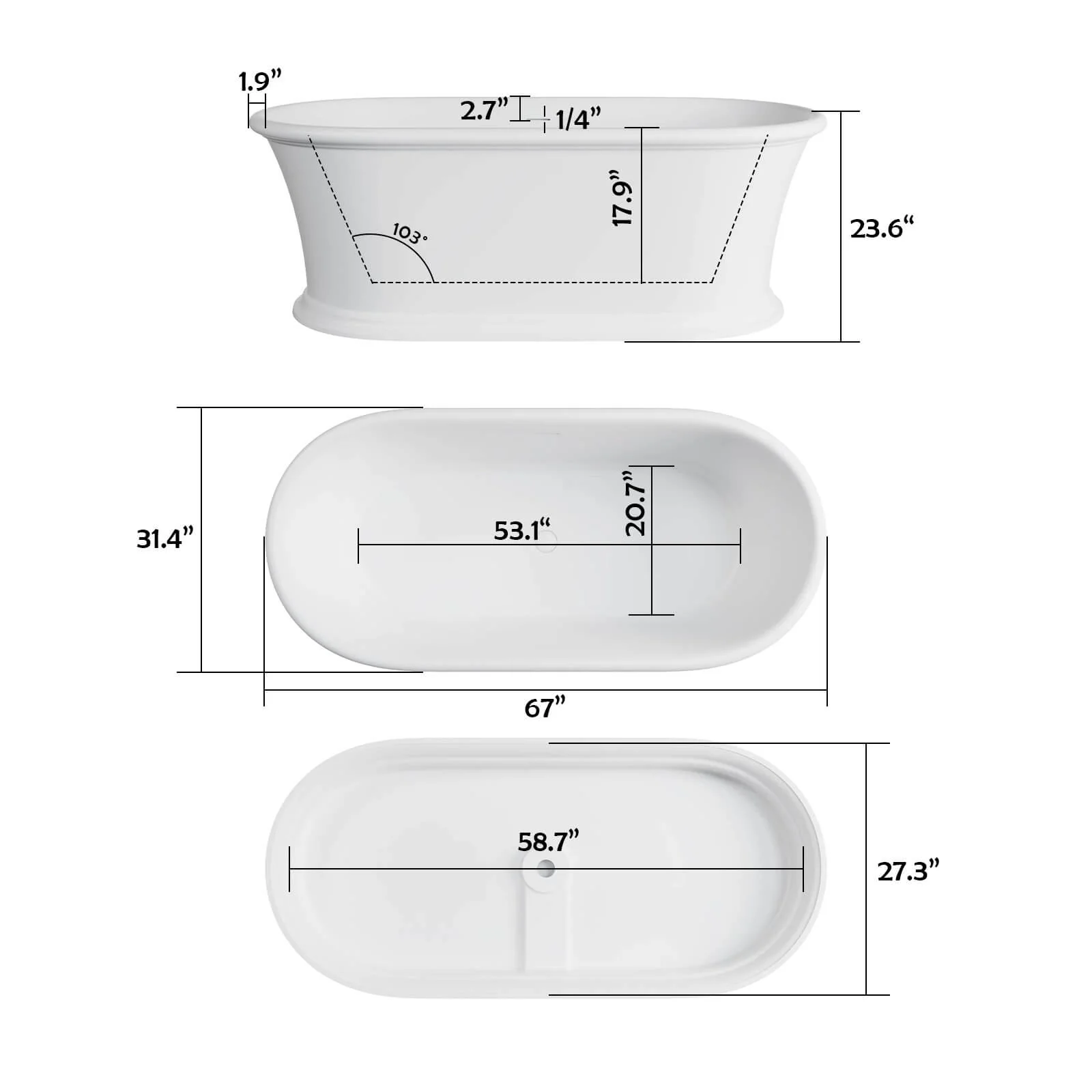 67" Vintage Freestanding Pedestal Bathtub, Double Ended Solid Surface Soaking Tub, Classic Design - Image 8