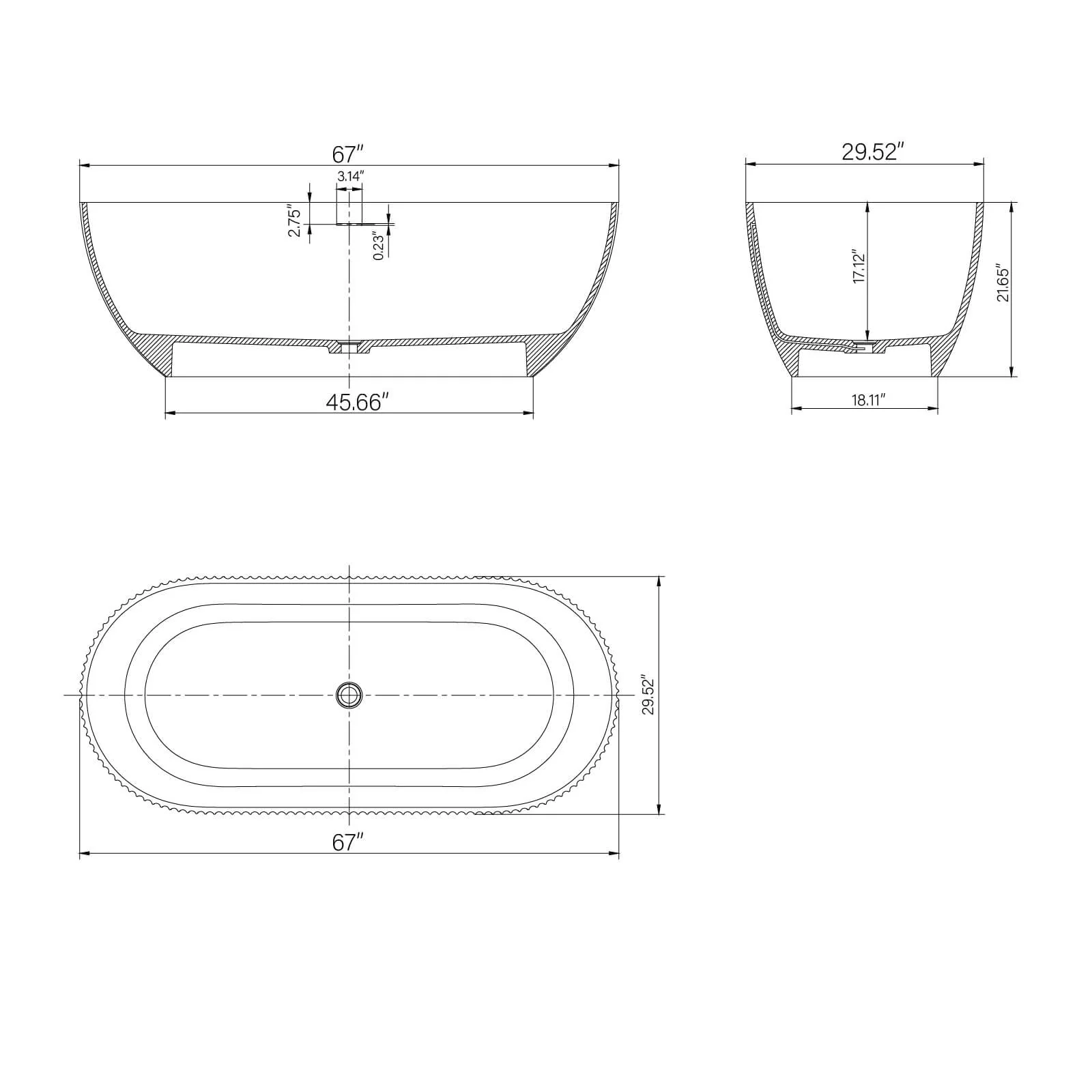 67" Fluted Solid Surface Tub with Ink Marble Finish - Image 7