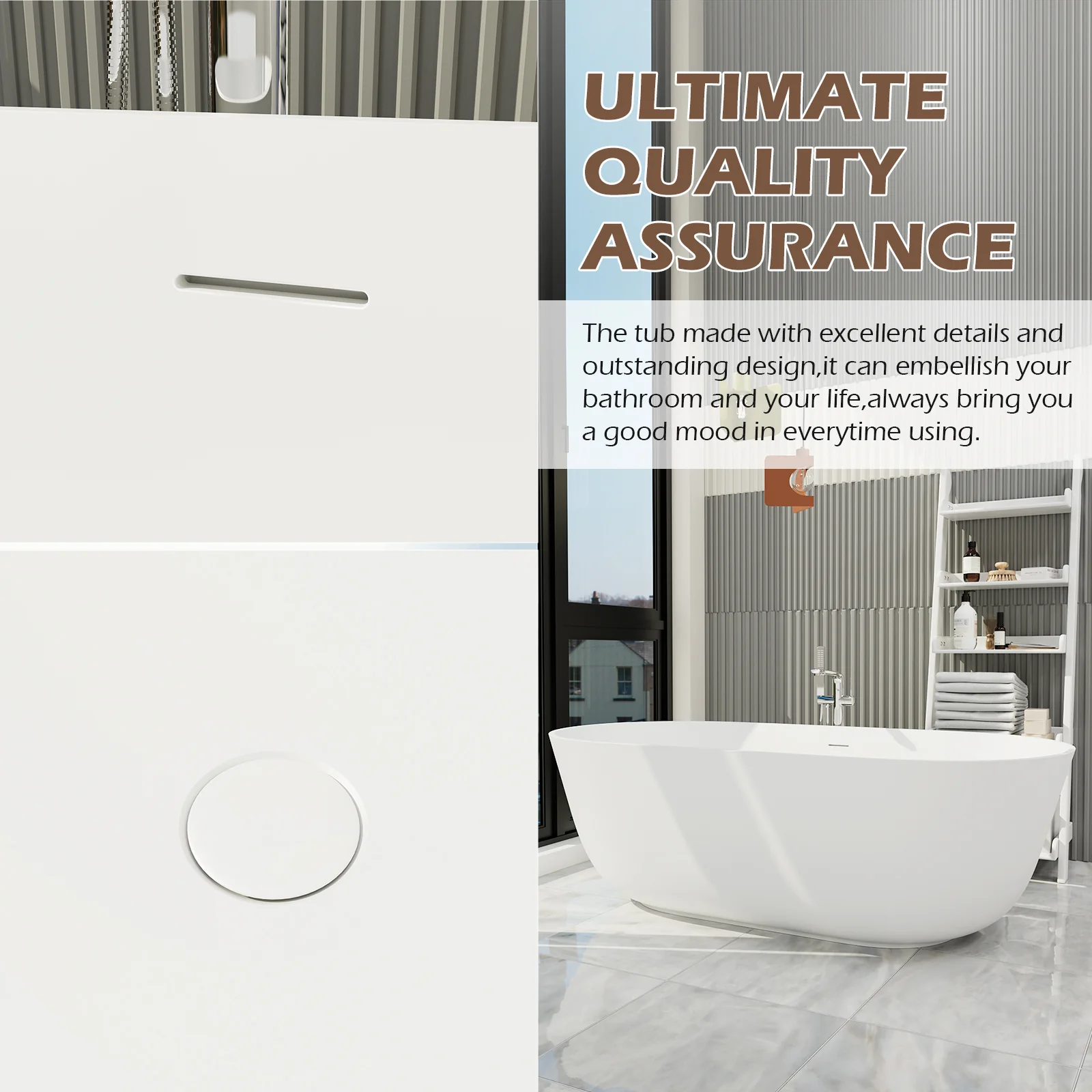 67" Large Matte White Freestanding Bathtub with Overflow - Image 13