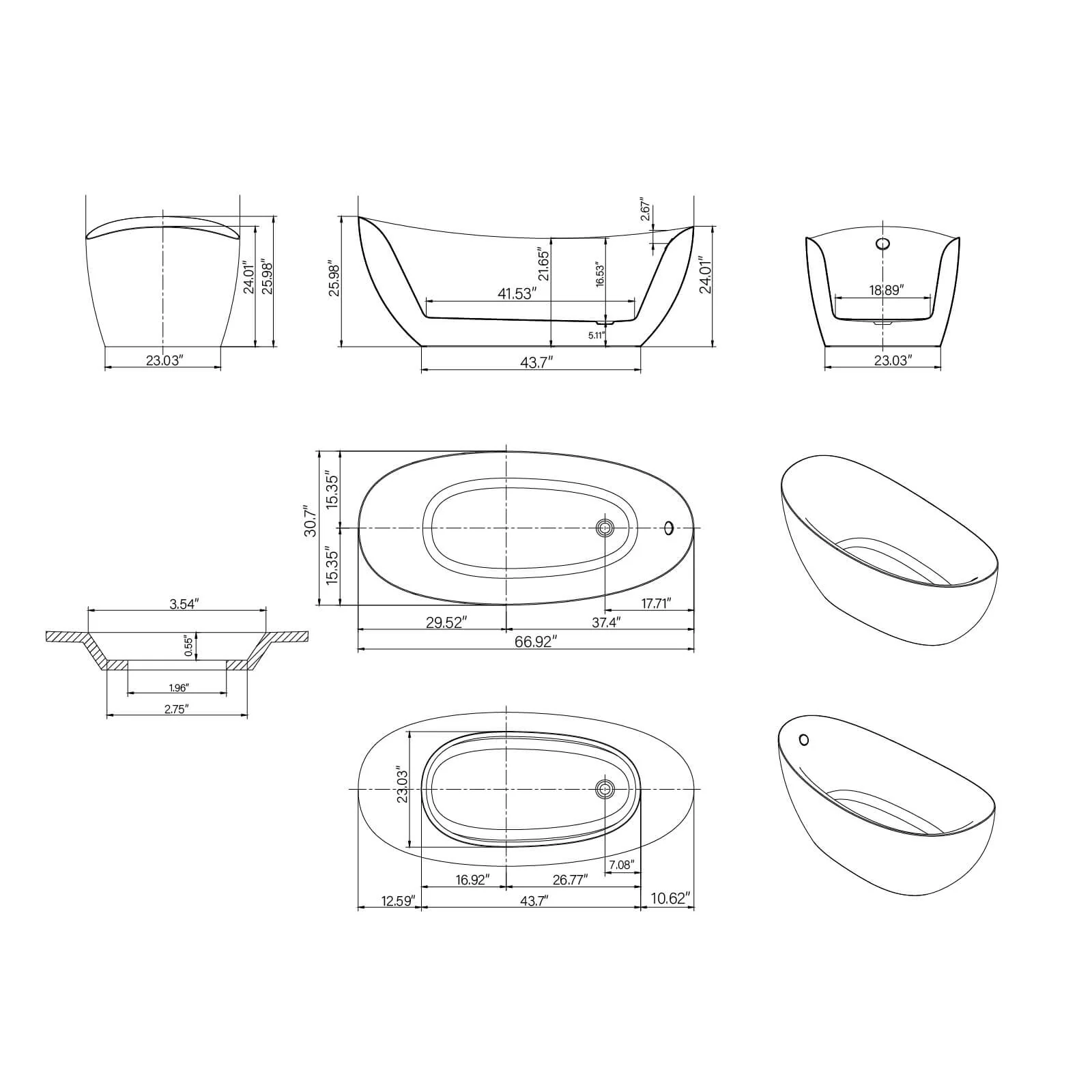 67" Marble Finish Slipper Bathtub with Adjustable Overflow - Image 7