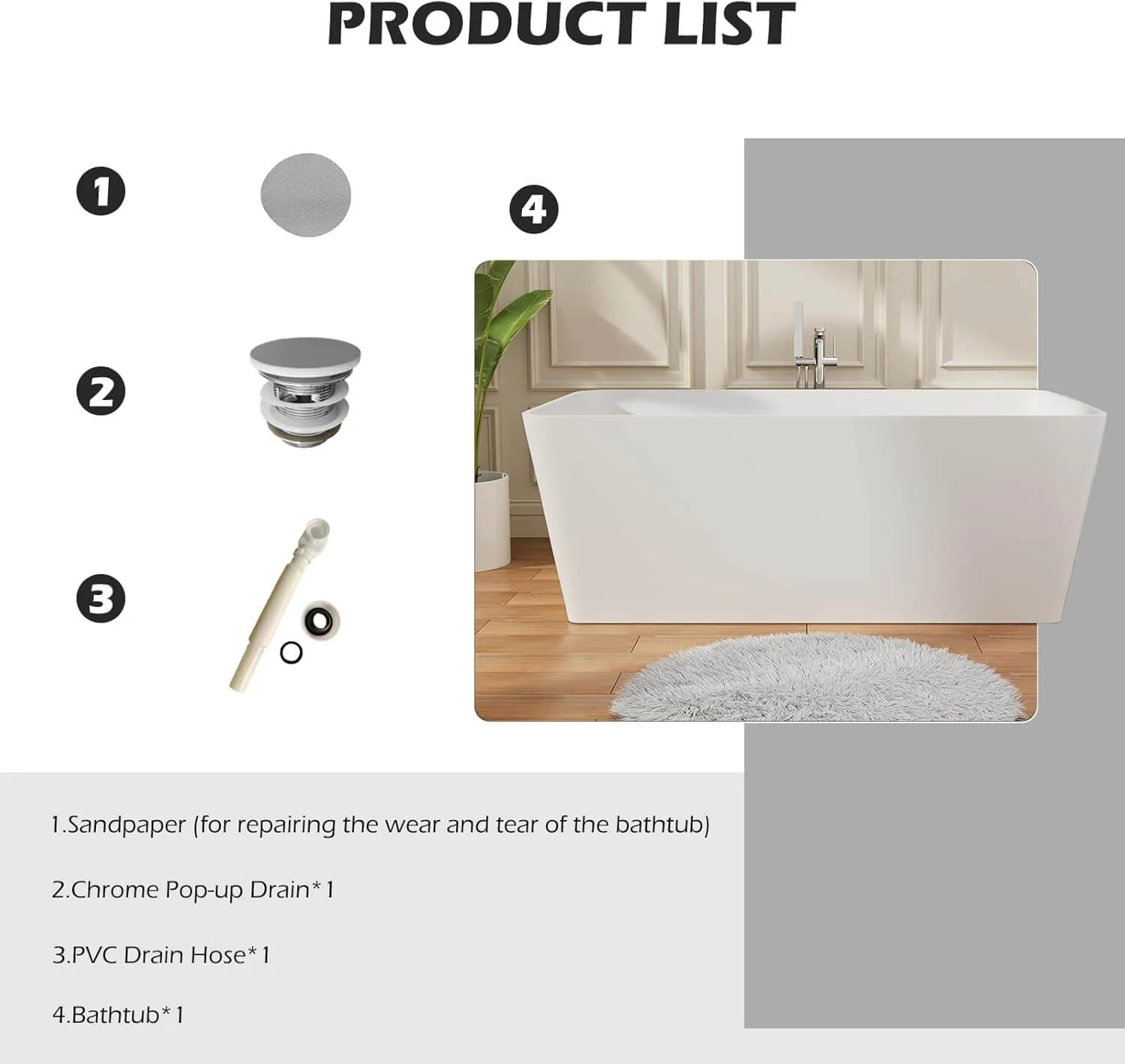 67 inch Heavy Duty Solid Surface Soaking Tub, Insulated Stand Alone Freestanding Stone Resin Bathtub with Integrated Overflow & Drain, cUPC Certified - Image 11
