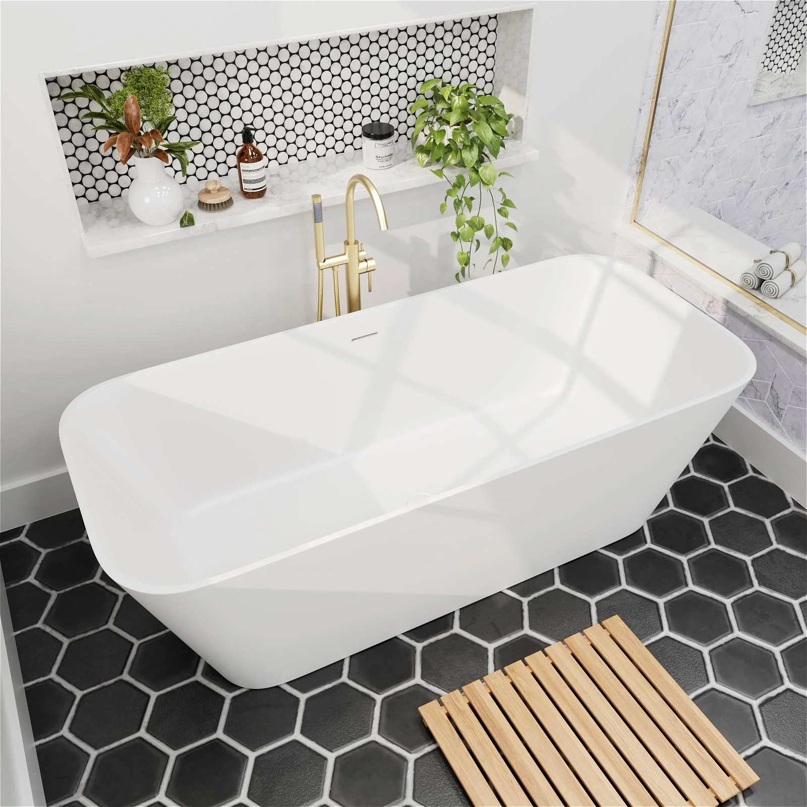 67" Matte White Solid Surface Rectangular Freestanding Tub - Image 4