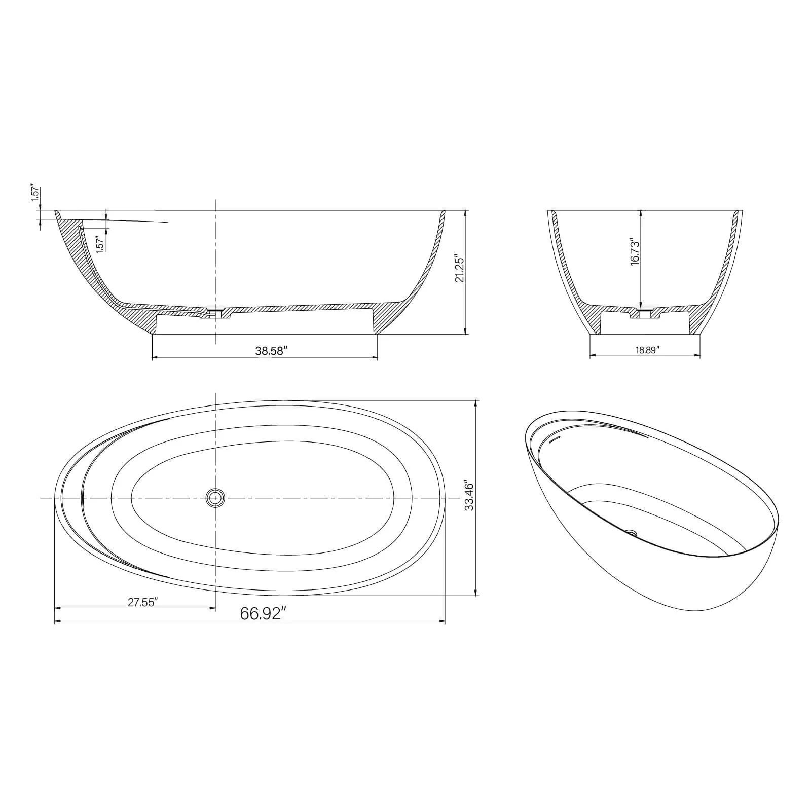 67" Stone Resin Freestanding Bathtub with Elegant Marble Veins - Image 7