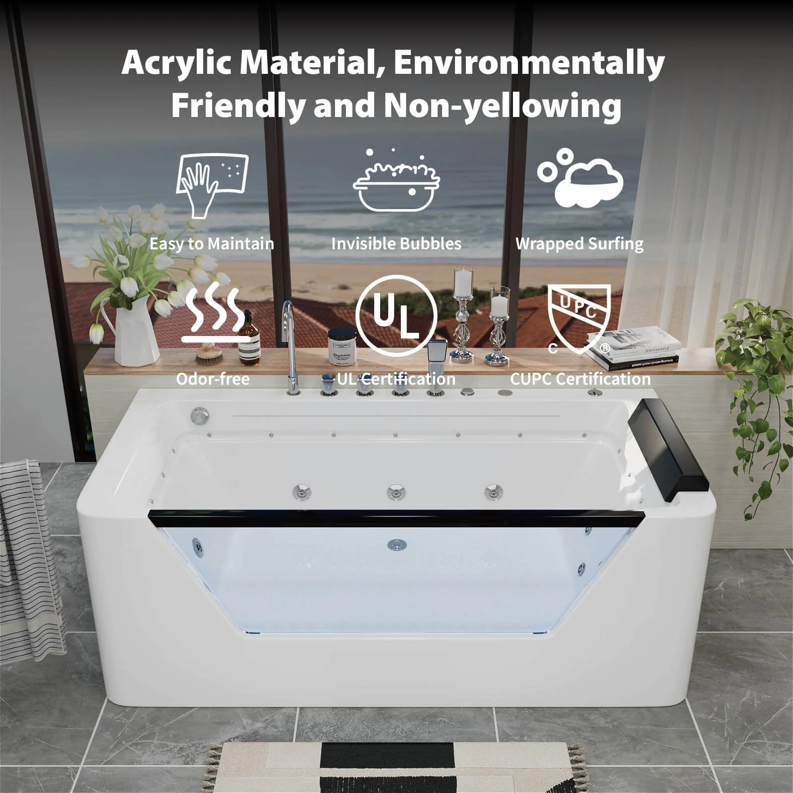 67" Whirlpool Bathtub with 7 Jets, Glass Panel Jetted Tub, Hydro Massage & LED Lights - Image 10