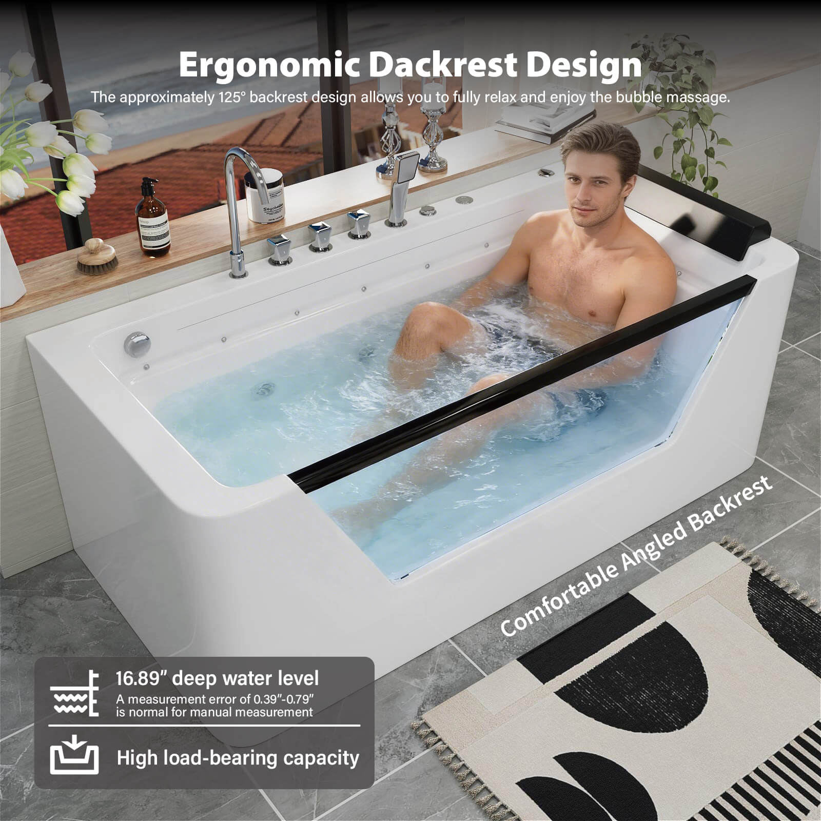 67" Whirlpool Bathtub with 7 Jets, Glass Panel Jetted Tub, Hydro Massage & LED Lights - Image 11
