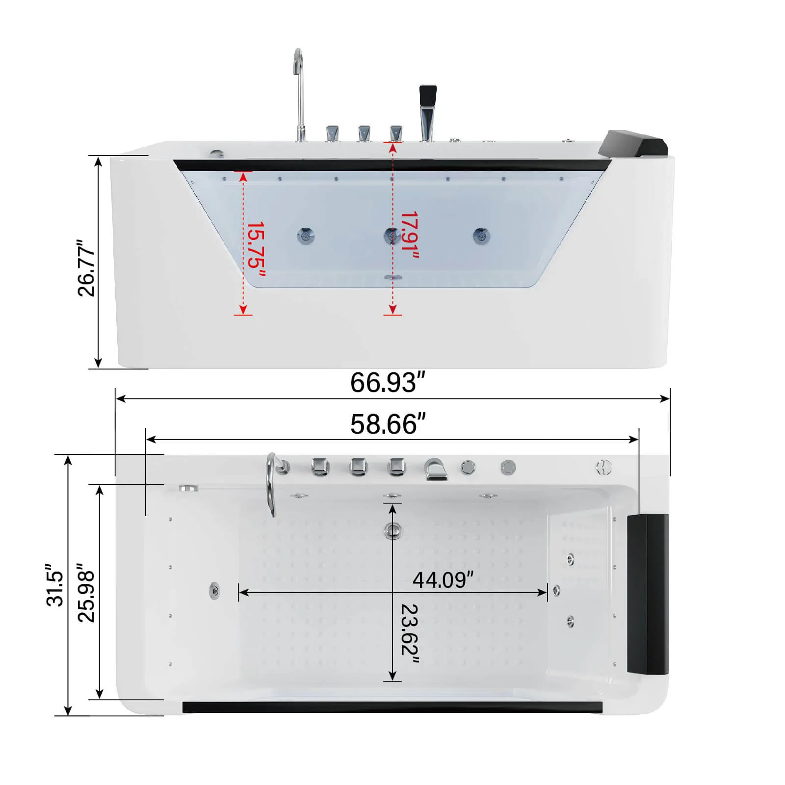 67" Whirlpool Bathtub with 7 Jets, Glass Panel Jetted Tub, Hydro Massage & LED Lights - Image 12