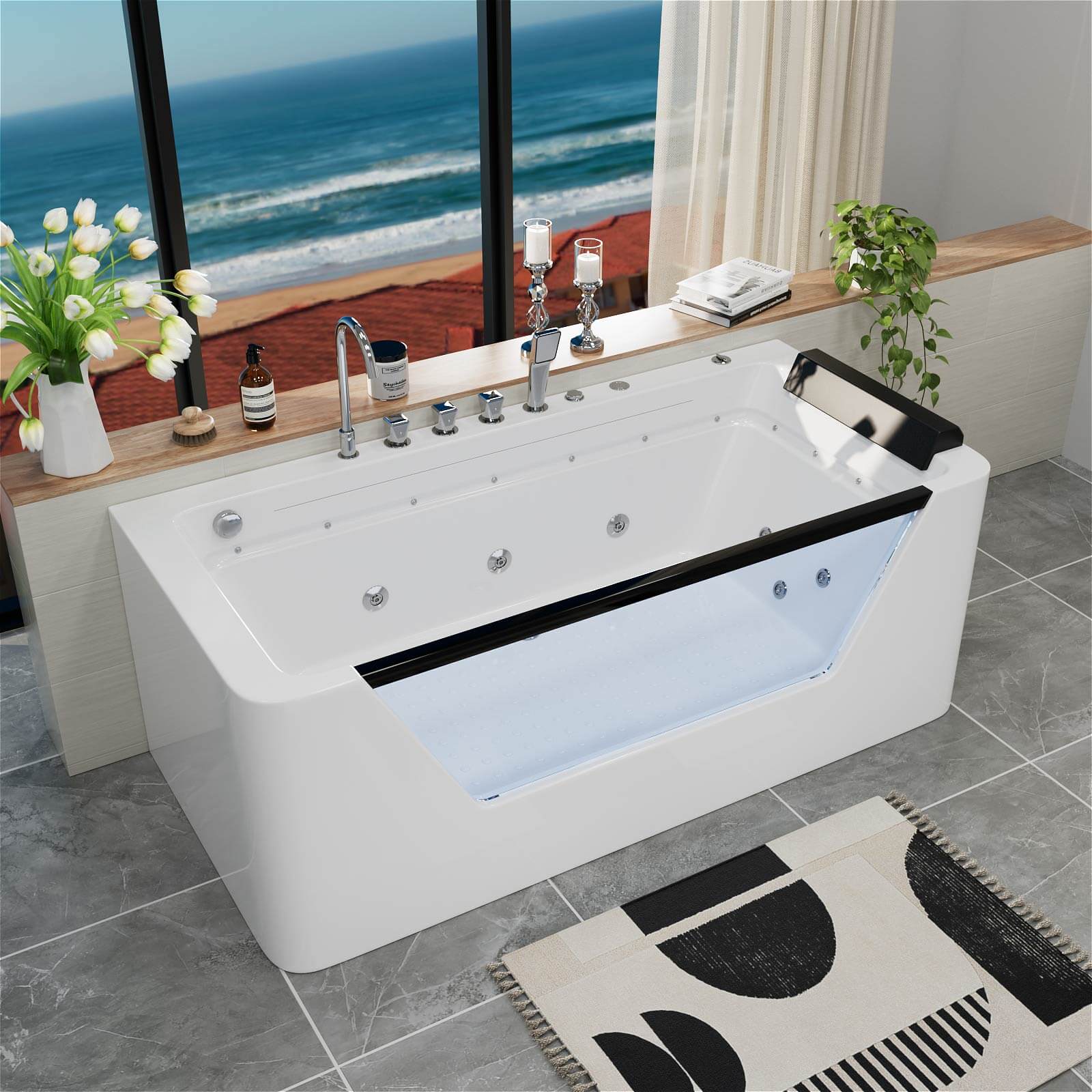 67" Whirlpool Bathtub with 7 Jets, Glass Panel Jetted Tub, Hydro Massage & LED Lights - Image 3