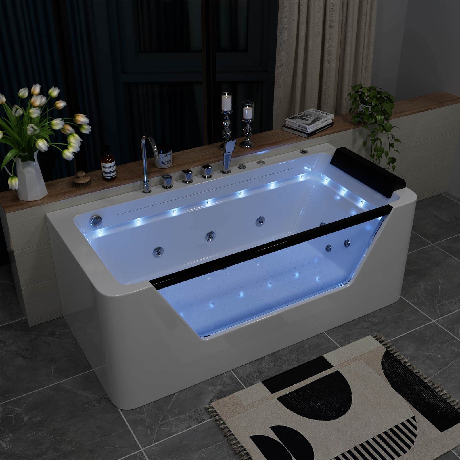 67" Whirlpool Bathtub with 7 Jets, Glass Panel Jetted Tub, Hydro Massage & LED Lights - Image 4