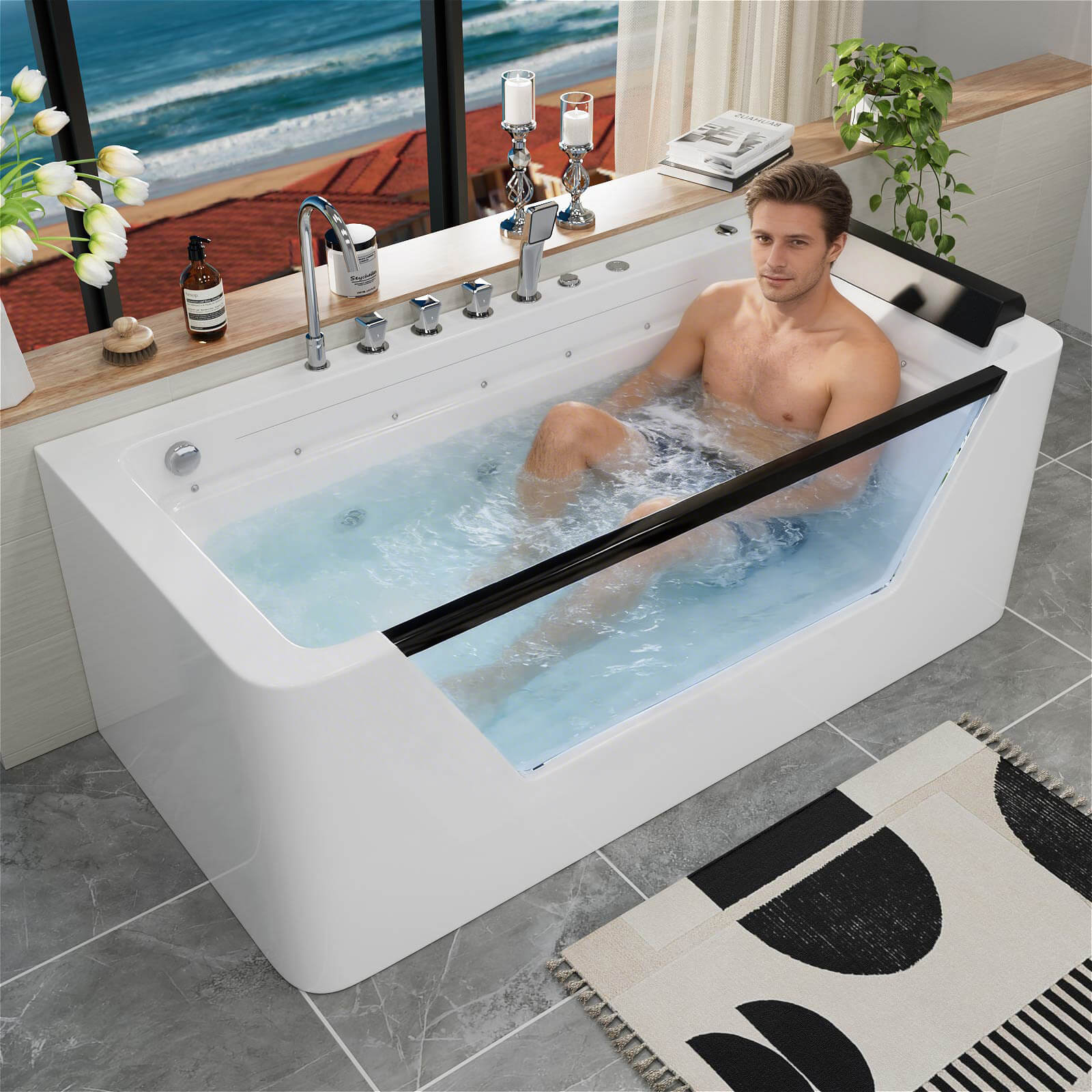 67" Whirlpool Bathtub with 7 Jets, Glass Panel Jetted Tub, Hydro Massage & LED Lights - Image 5