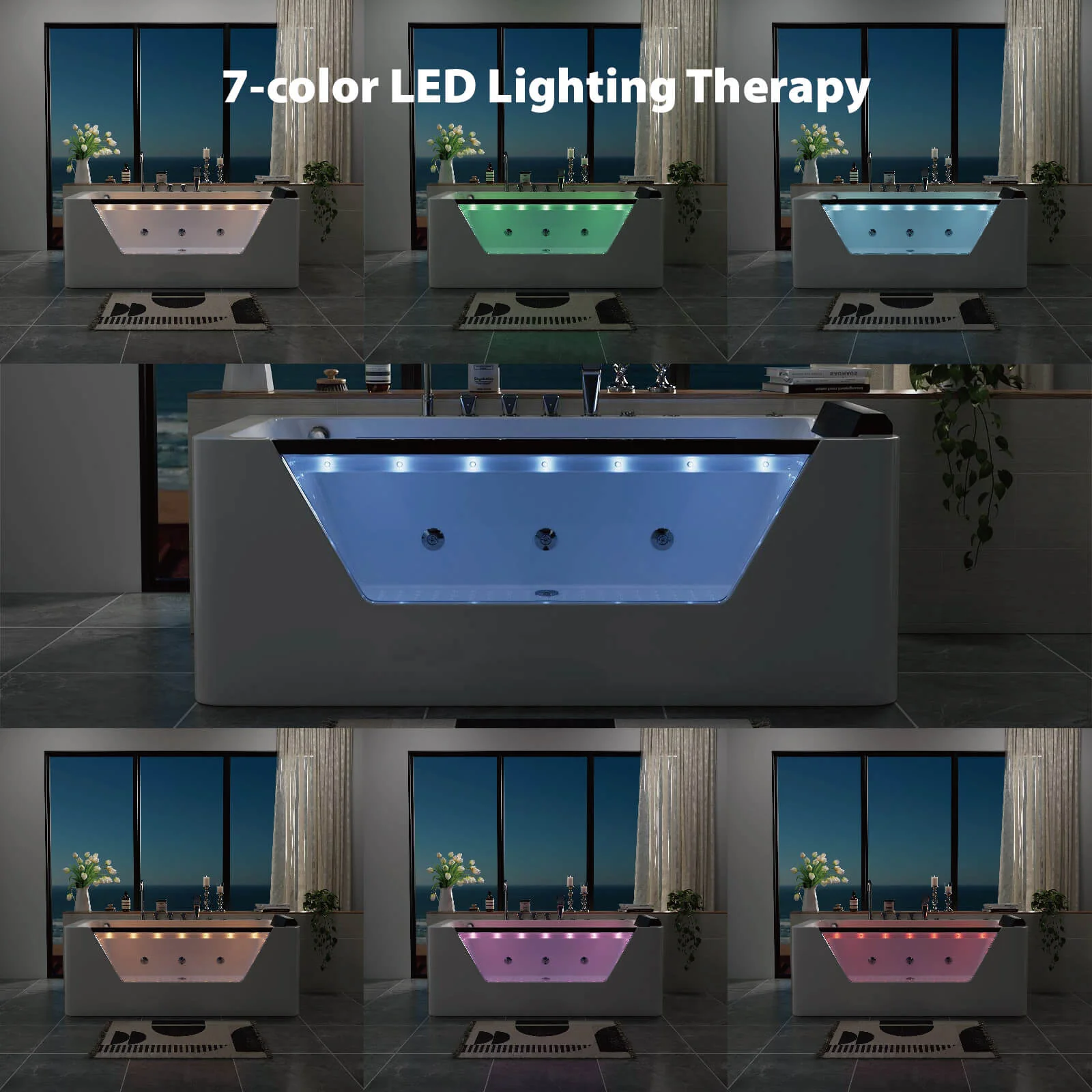 67" Whirlpool Bathtub with 7 Jets, Glass Panel Jetted Tub, Hydro Massage & LED Lights - Image 6