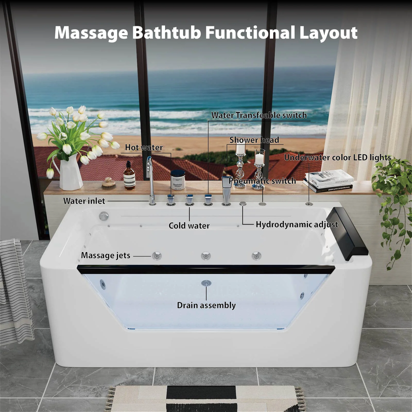 67" Whirlpool Bathtub with 7 Jets, Glass Panel Jetted Tub, Hydro Massage & LED Lights - Image 7