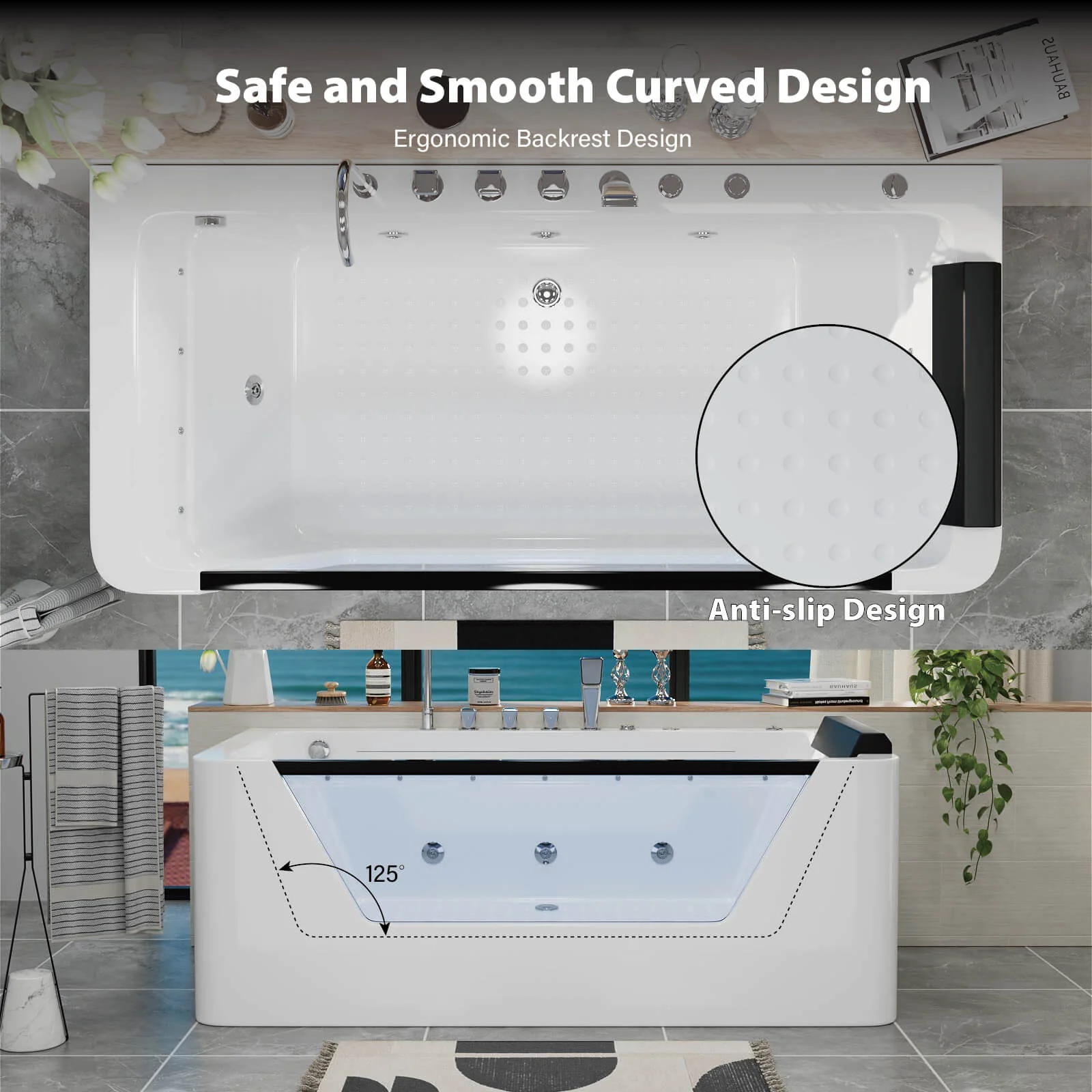 67" Whirlpool Bathtub with 7 Jets, Glass Panel Jetted Tub, Hydro Massage & LED Lights - Image 9