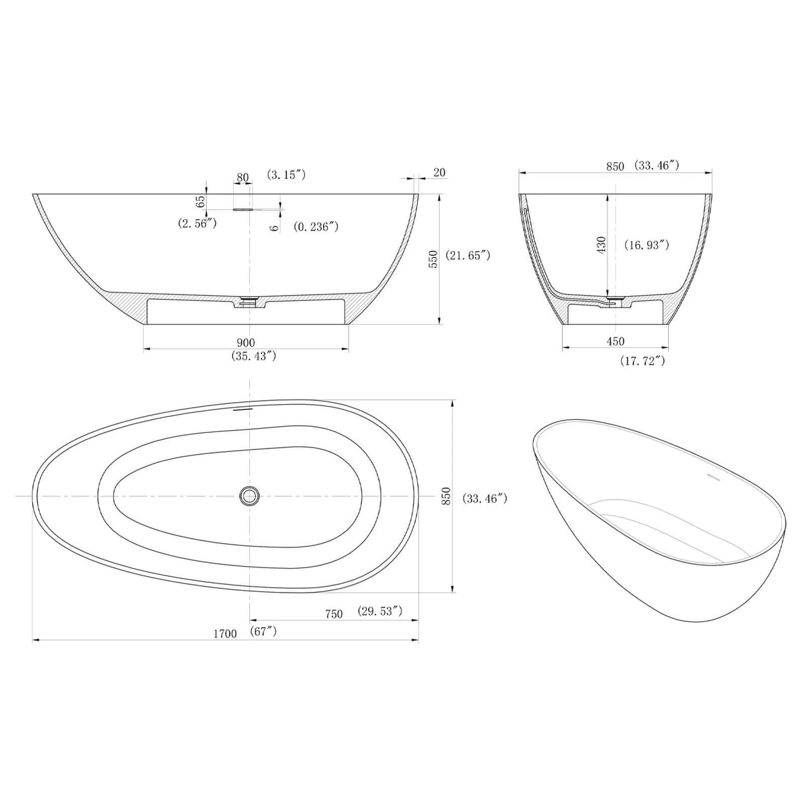 67" Concrete Industrial-Style Freestanding Bathtub with Artistic Patterns - Image 13