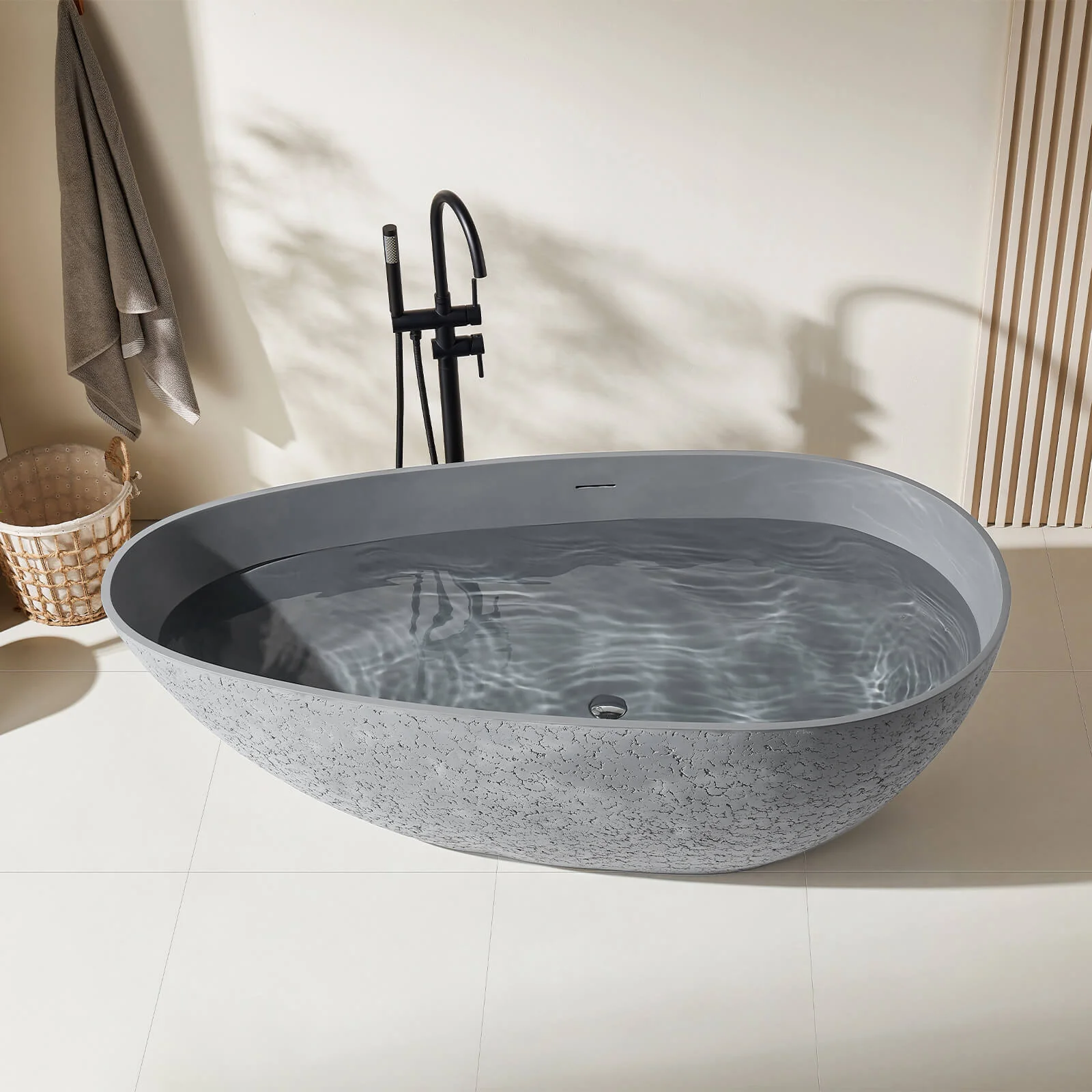 67" Concrete Industrial-Style Freestanding Bathtub with Artistic Patterns - Image 4