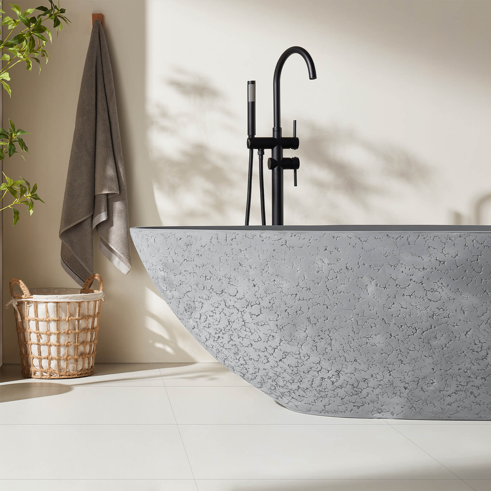67" Concrete Industrial-Style Freestanding Bathtub with Artistic Patterns - Image 6