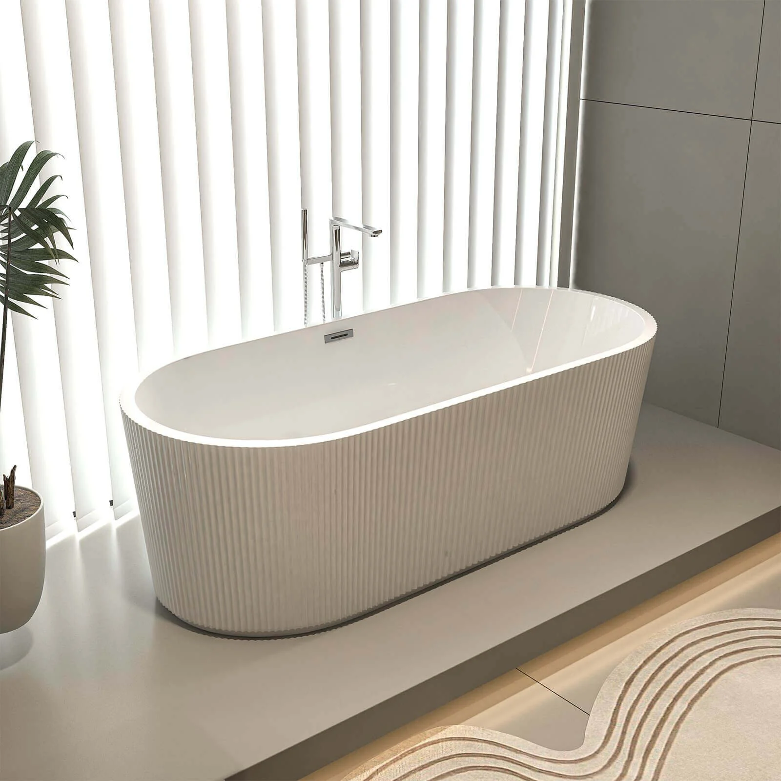 67" Glossy White Fluted Acrylic Soaking Bathtub - Image 3