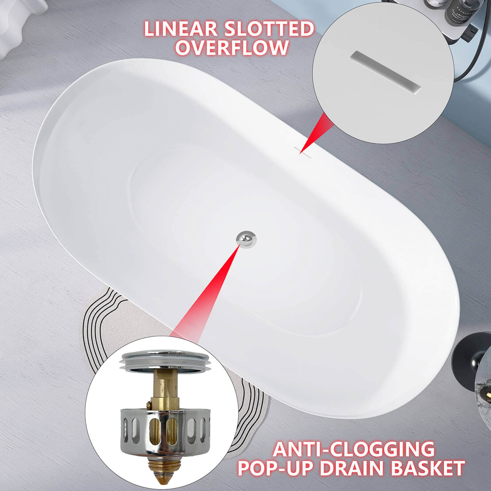 67" Large Oval Acrylic Soaking Tub with Freestanding Design - Image 7