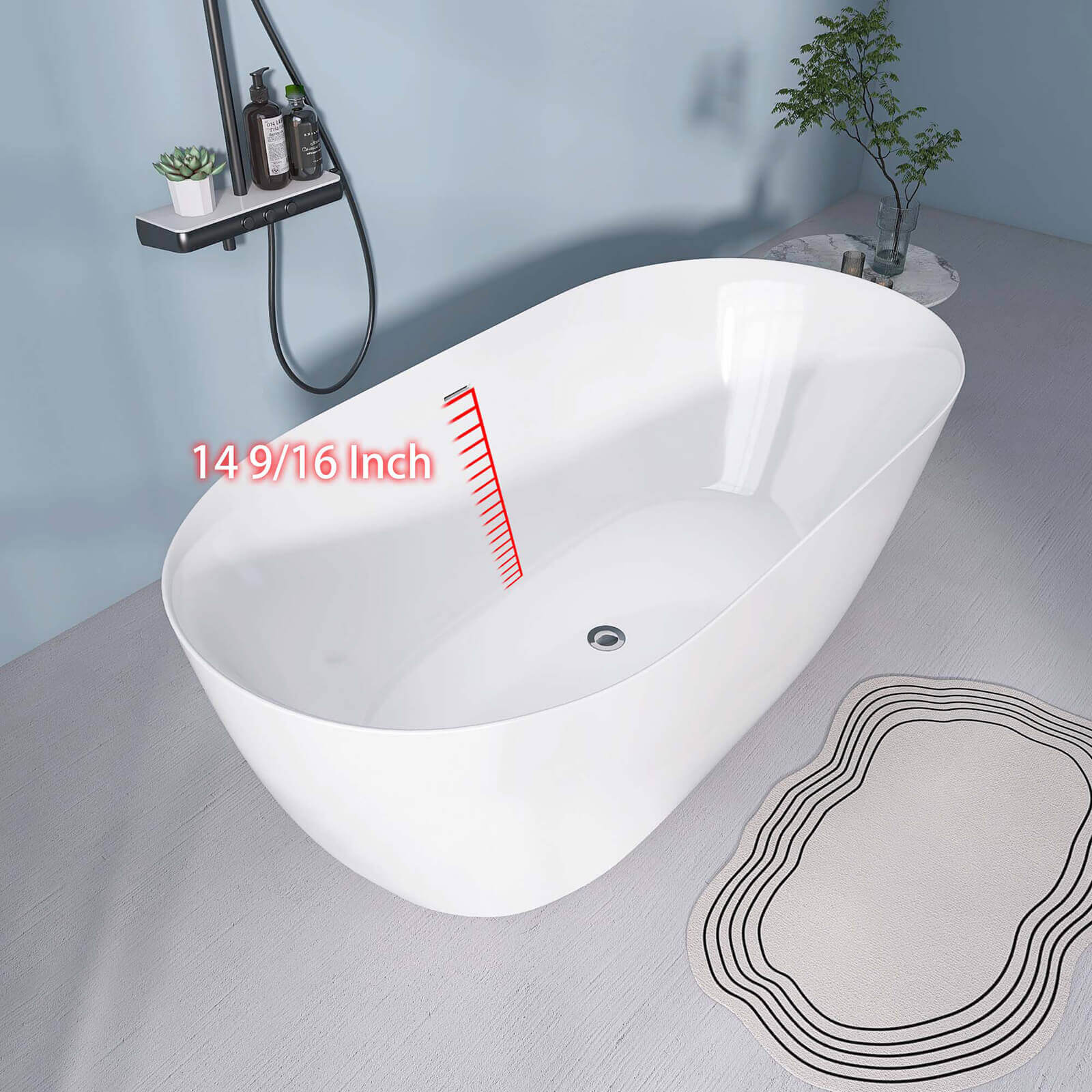 67" Large Oval Acrylic Soaking Tub with Freestanding Design - Image 9