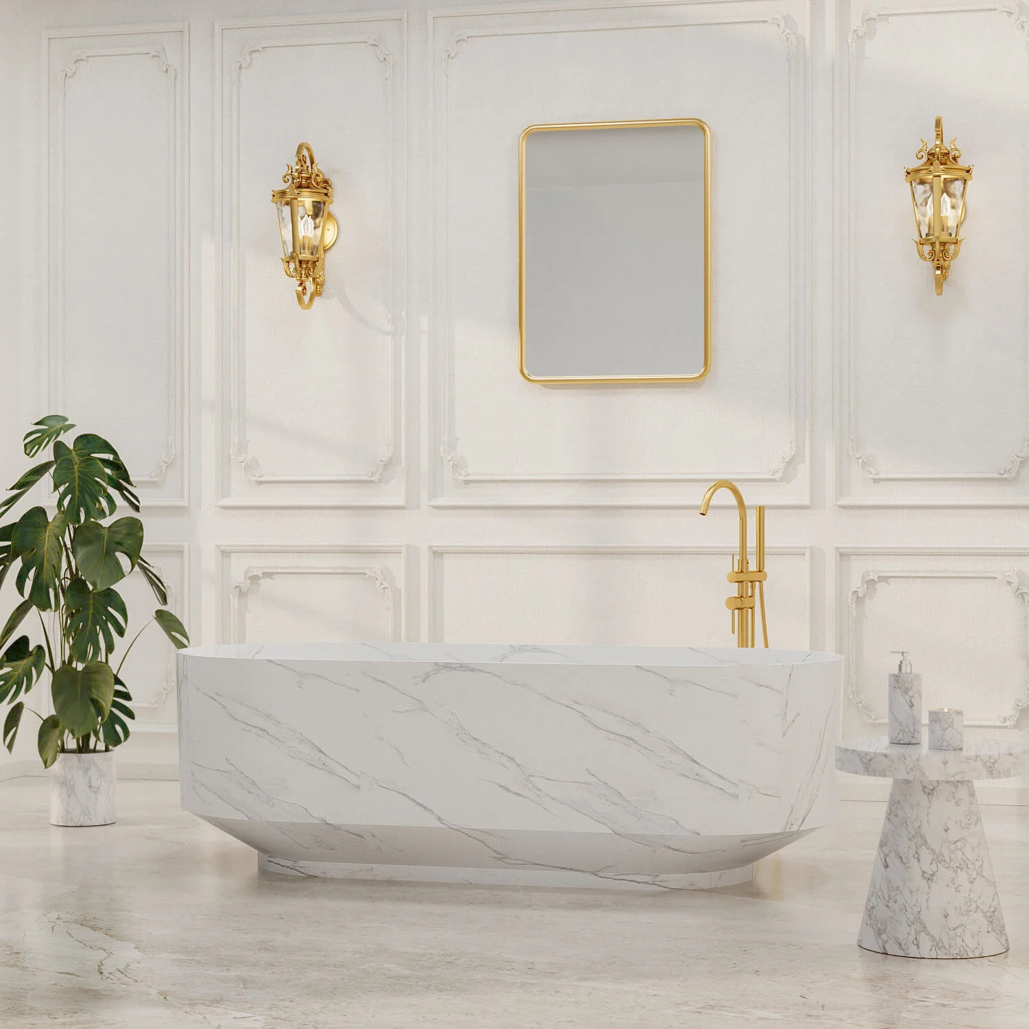67" Matte White Oval Bathtub with Gray Marble Pattern and Base Design - Image 7