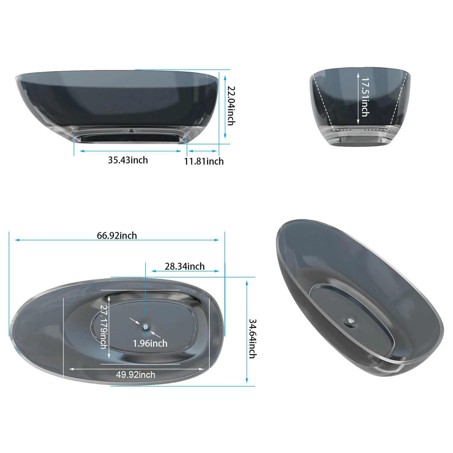 67" Modern Art Resin Tub, Gray Transparent Egg Shape Freestanding Soaking Bathtub for Hotels - Image 13