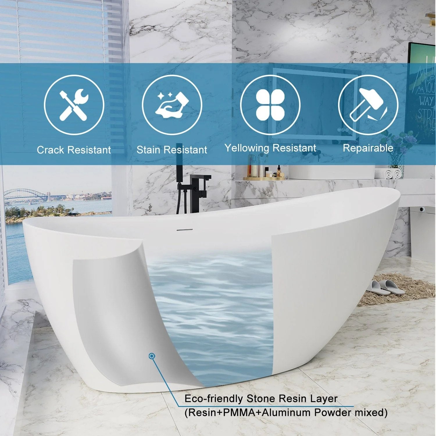 67'' Single Slipper Tub Solid Surface Stone Resin Freestanding Soaking Bathtub - Image 6