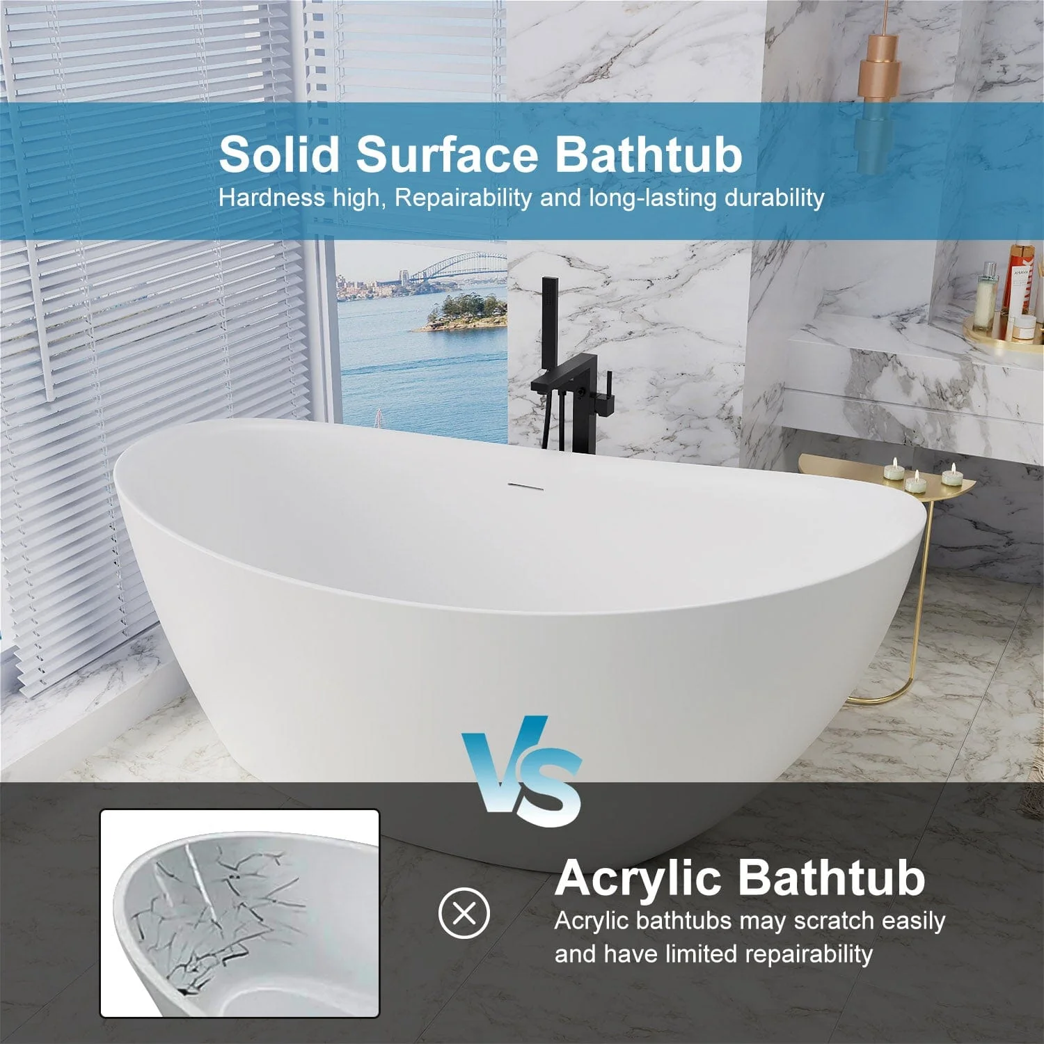 67'' Single Slipper Tub Solid Surface Stone Resin Freestanding Soaking Bathtub - Image 7