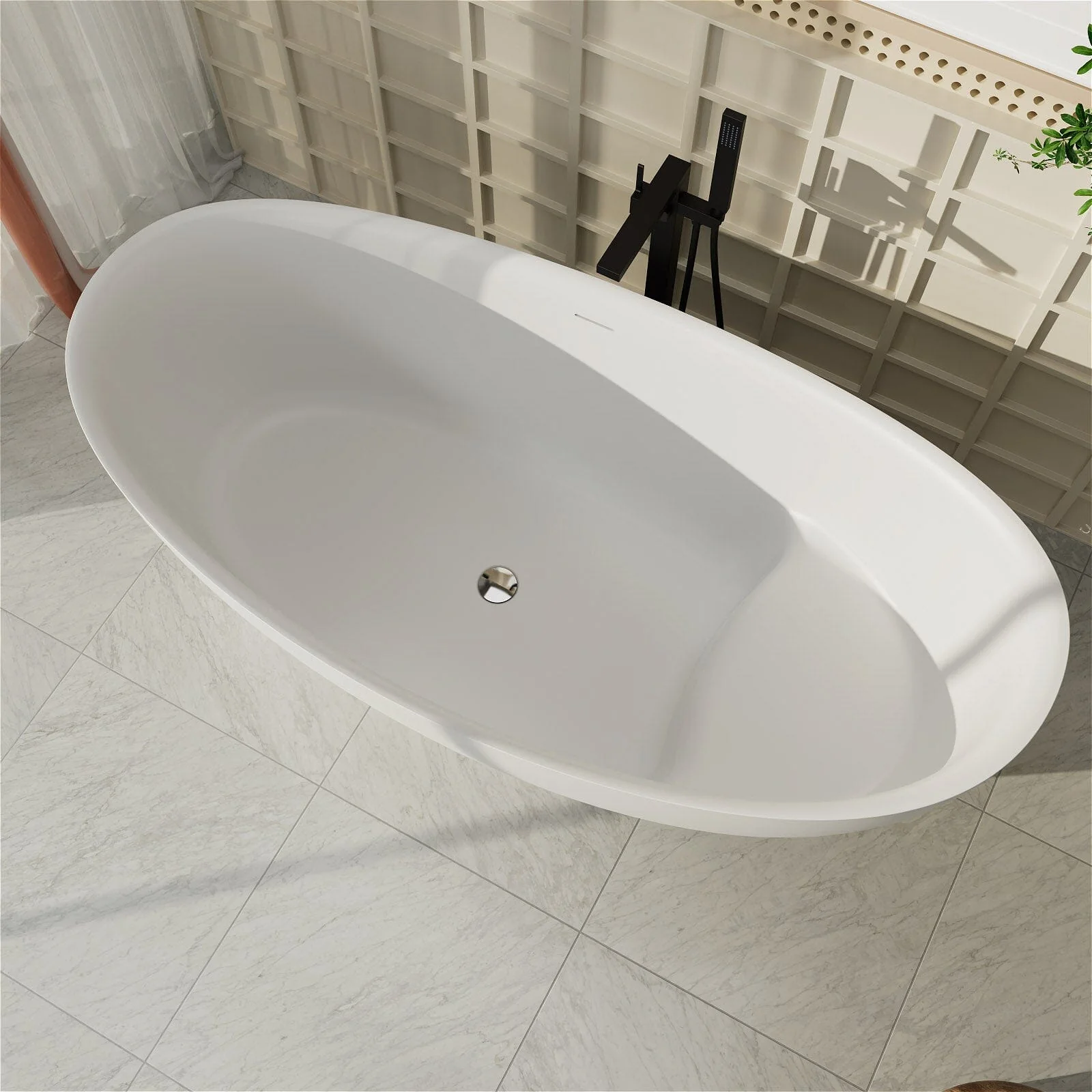 67'' Single Slipper Tub Solid Surface Stone Resin Freestanding Soaking Bathtub with Built-in Seat - Image 3