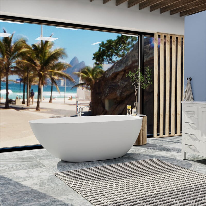 67" Solid Surface Stone Resin Modern Egg Shaped Freestanding Soaking Bathtub with Overflow - Image 16