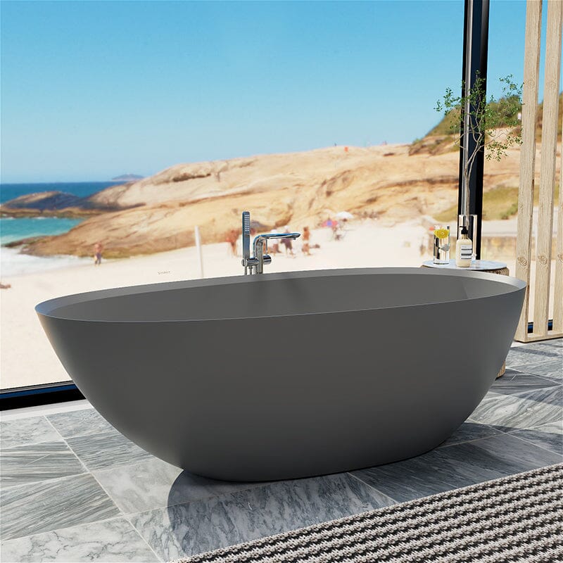 67" Solid Surface Stone Resin Modern Egg Shaped Freestanding Soaking Bathtub with Overflow - Image 2