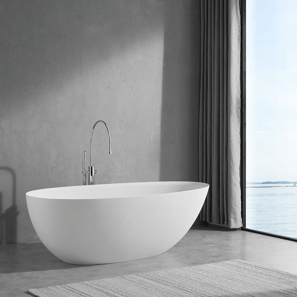 67" Solid Surface Stone Resin Modern Egg Shaped Freestanding Soaking Bathtub with Overflow - Image 24