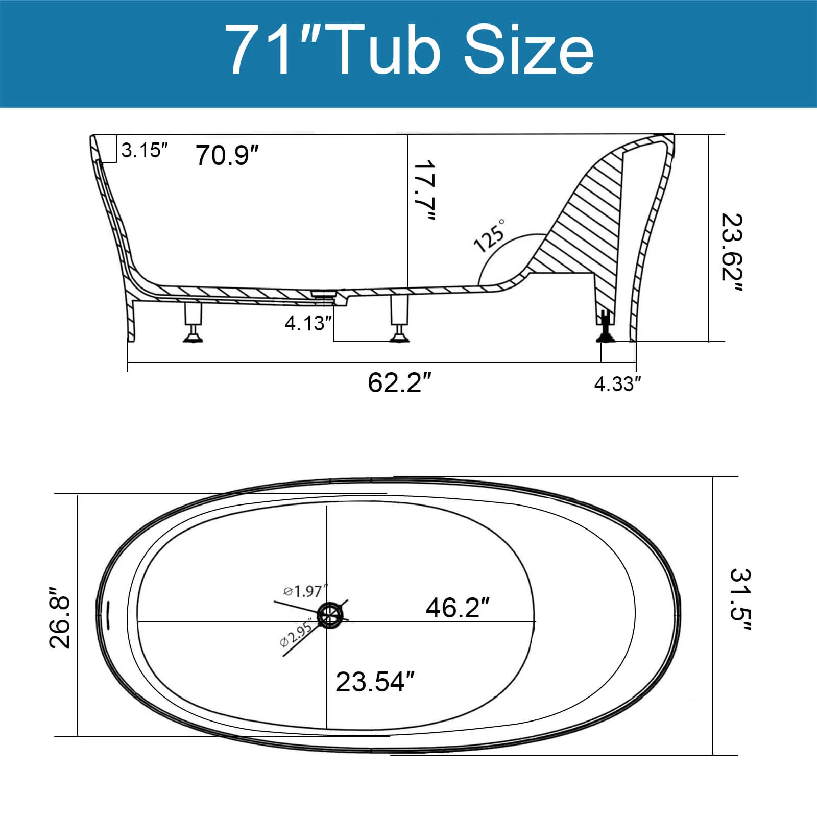 63" / 67" / 71" Solid Surface Stone Resin Freestanding Soaking Bathtub Comfortable Backrest Design - Image 35