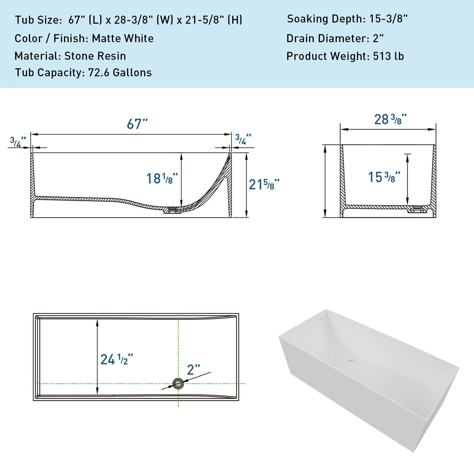 67" Freestanding Rectangular Bathtub with Ergonomic Backrest - Image 8