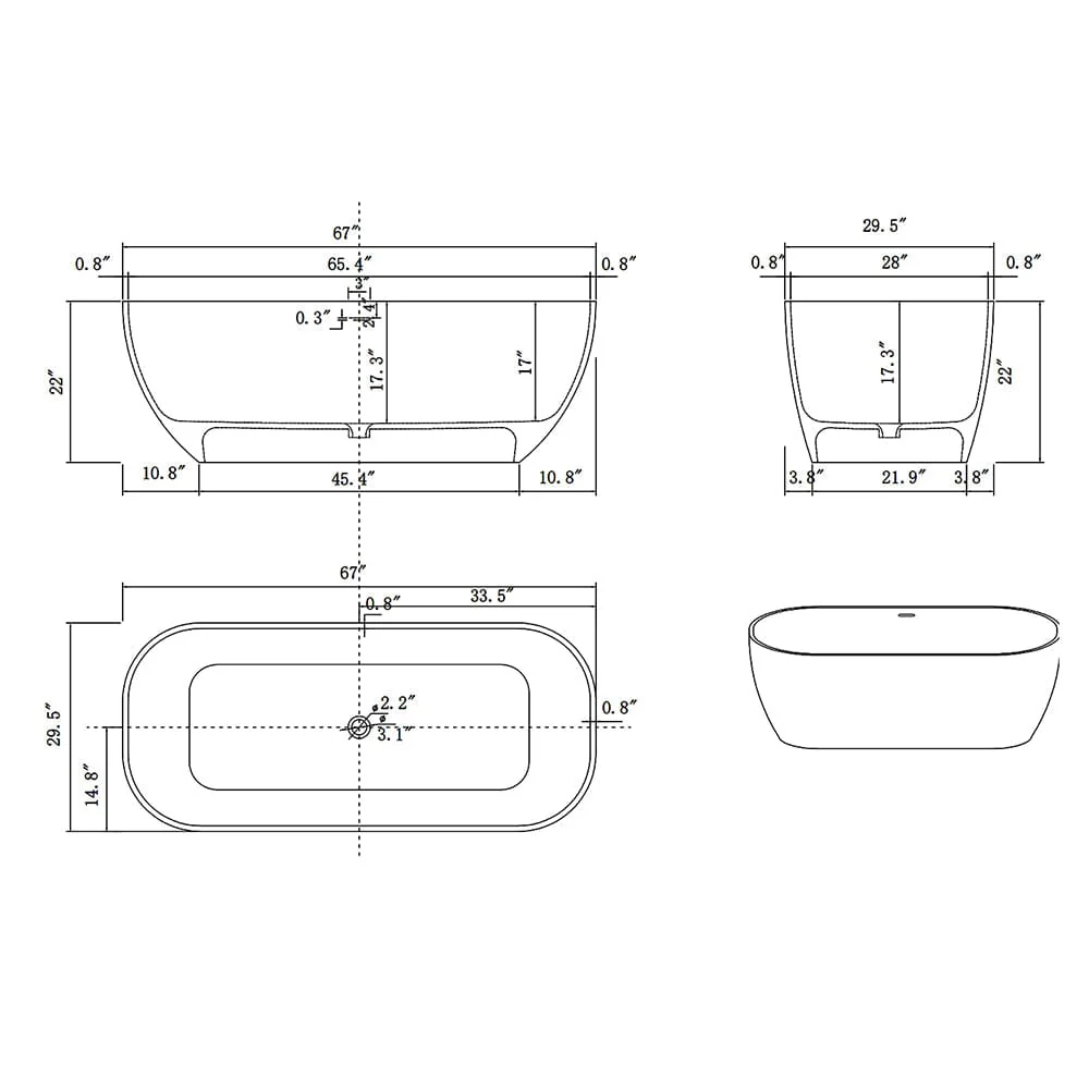 67" Solid Surface Stone Resin Modern Oval Matte White Freestanding Soaking Bathtub with Overflow - Image 15