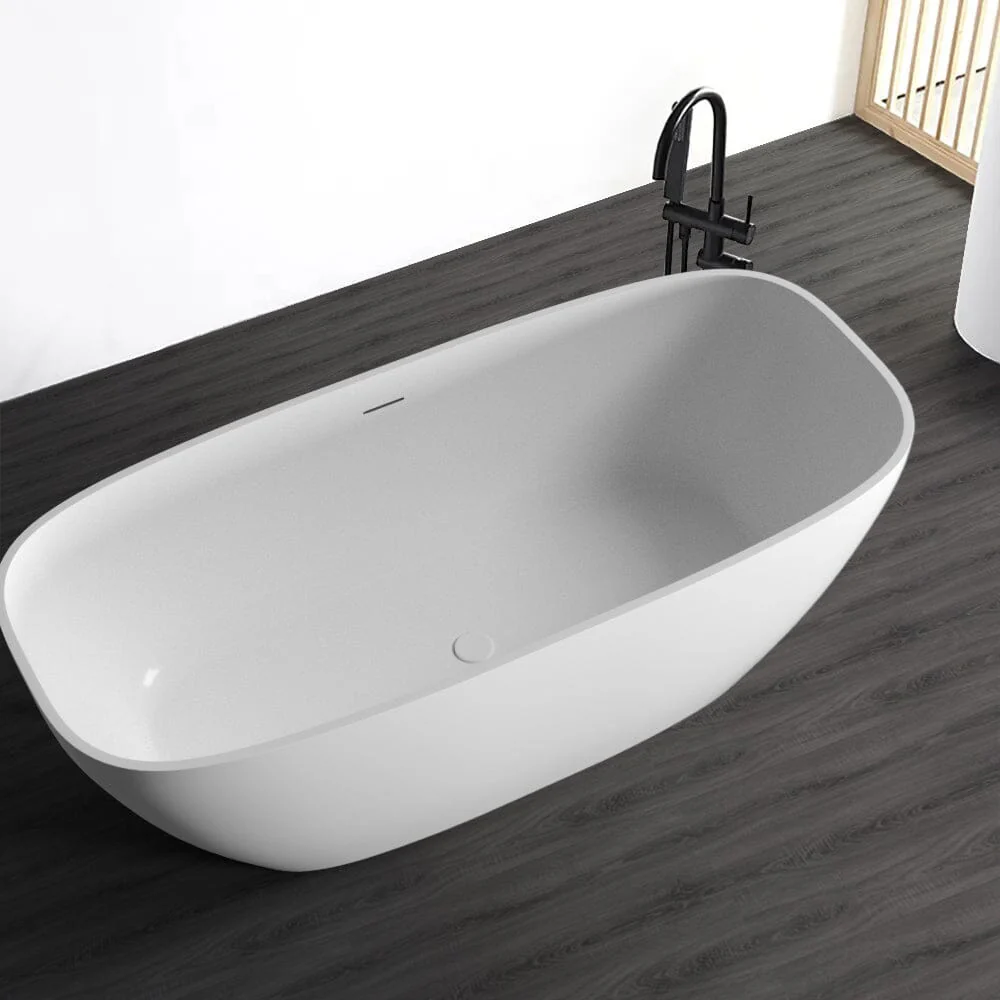 67" Solid Surface Stone Resin Modern Oval Matte White Freestanding Soaking Bathtub with Overflow - Image 7
