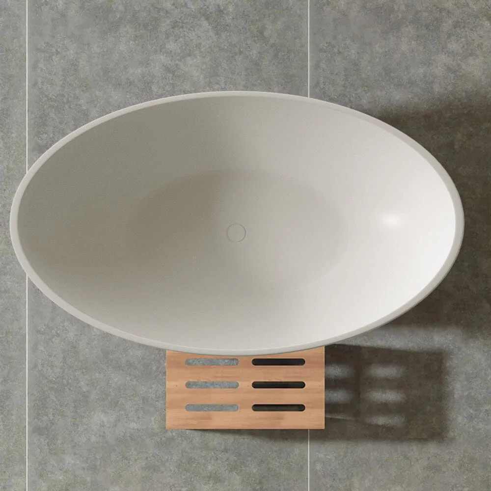 67" Solid Surface Stone Resin Oval-shaped Matte White Freestanding Soaking Bathtub with Overflow - Image 9