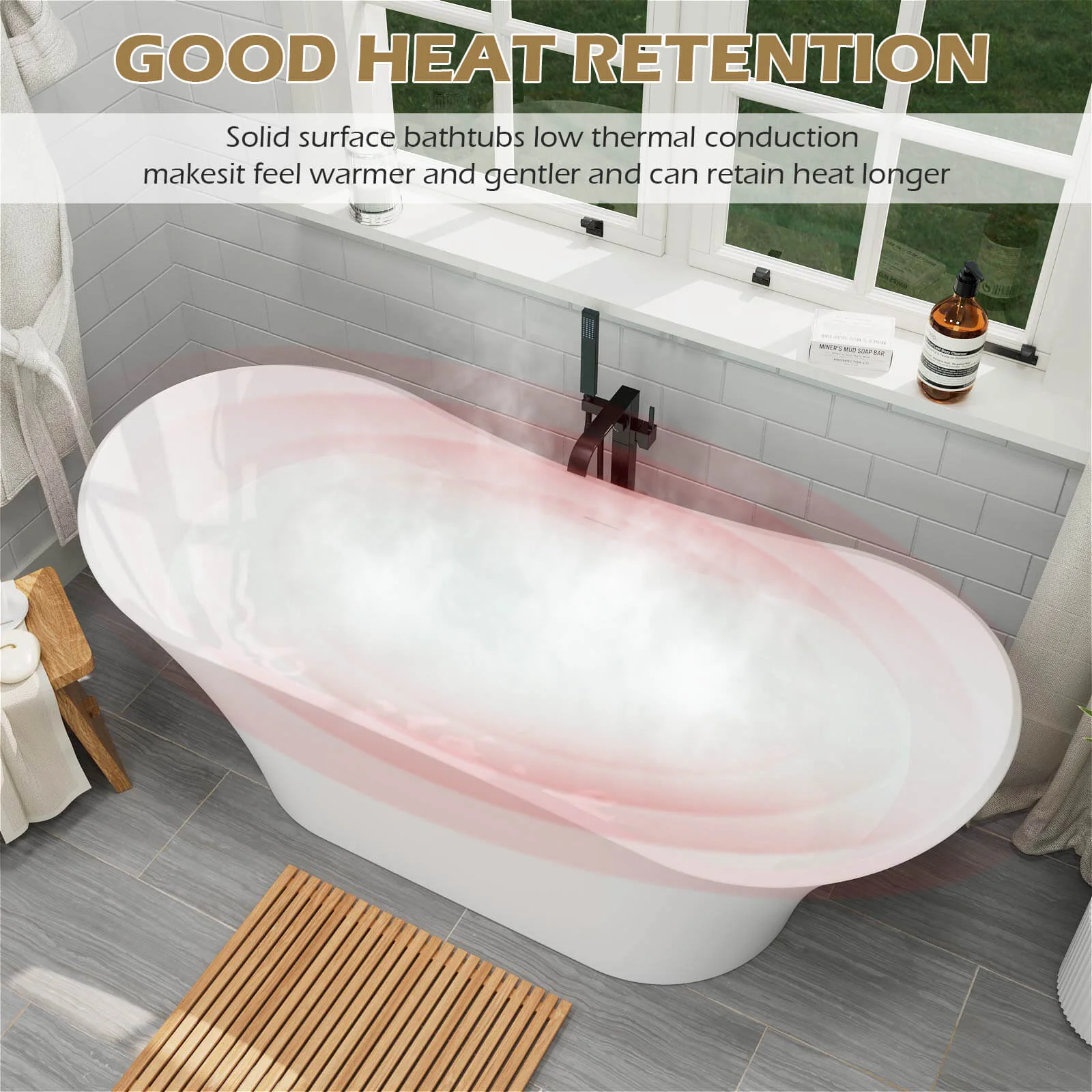69" Double Slipper Deep Soaking Freestanding Solid Surface Bathtub - Image 11