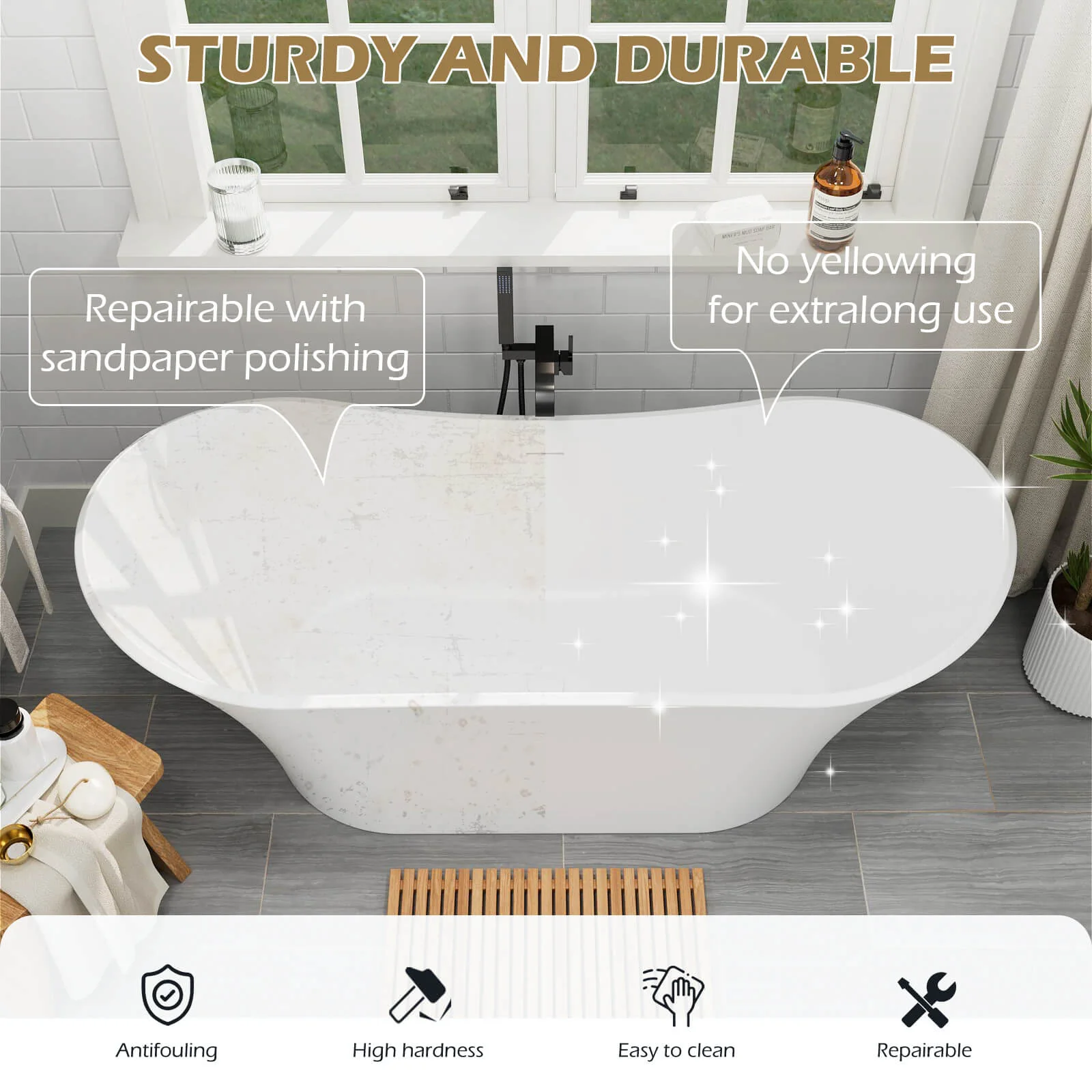 69" Double Slipper Deep Soaking Freestanding Solid Surface Bathtub - Image 12