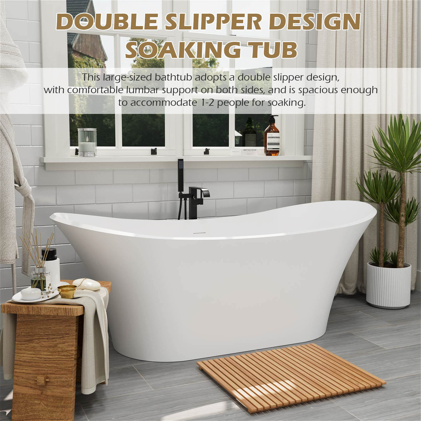 69" Double Slipper Deep Soaking Freestanding Solid Surface Bathtub - Image 13
